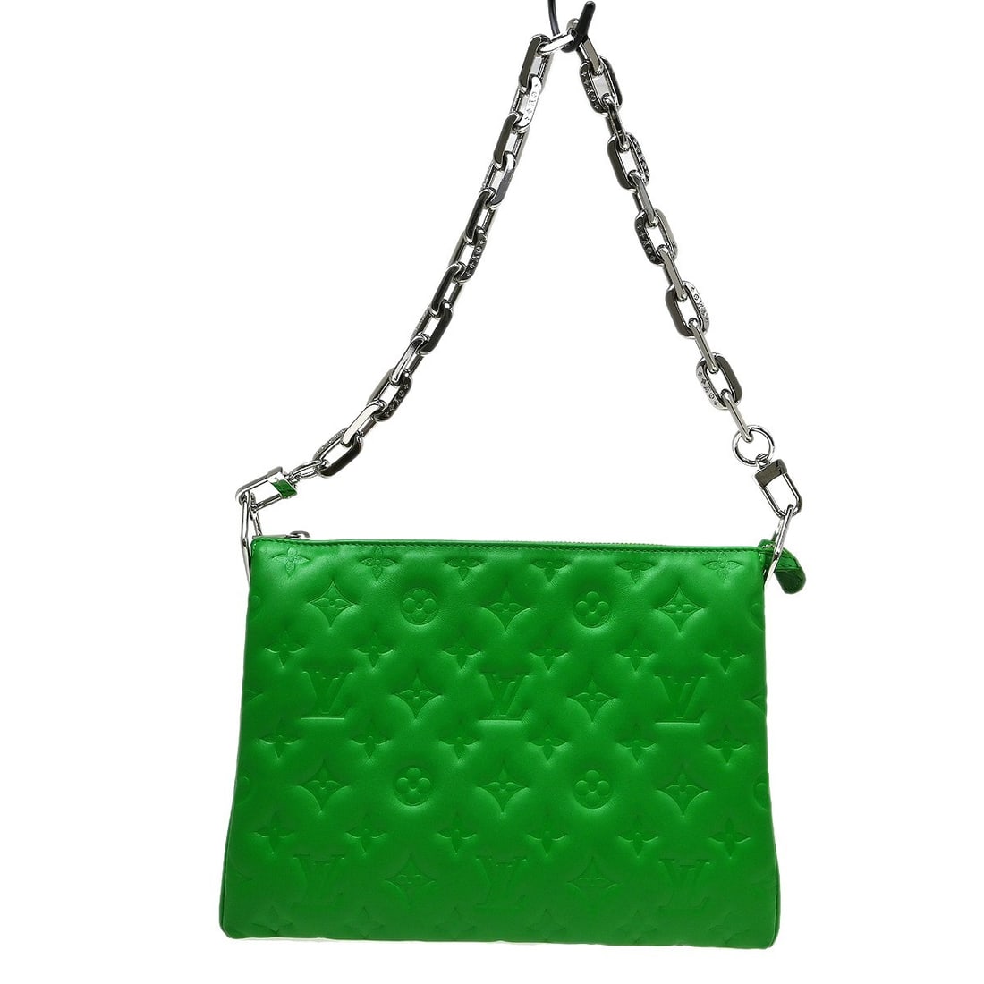 Louis Vuitton Coussin PM Green Lambskin Monogram Handbag M57936: Louis Vuitton Coussin PM Green Lambskin Monogram Handbag M57936 This Louis Vuitton Coussin PM handbag features a green lambskin exterior embossed with the iconic monogram pattern. Designed with a smal
