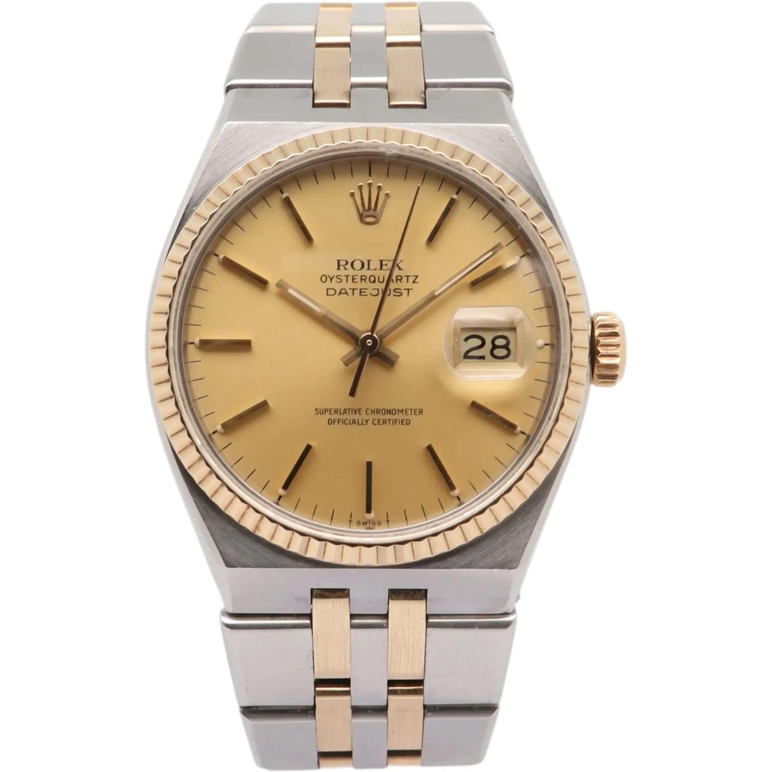 Rolex Oysterquartz Datejust 17013 36mm Two Tone Quartz Watch Champagne Dial: Rolex Oysterquartz Datejust 17013 36mm Two Tone Quartz Watch Champagne Dial This Rolex Oysterquartz Datejust 36MM watch features a stainless steel and 18K yellow gold case paired with a matching brace