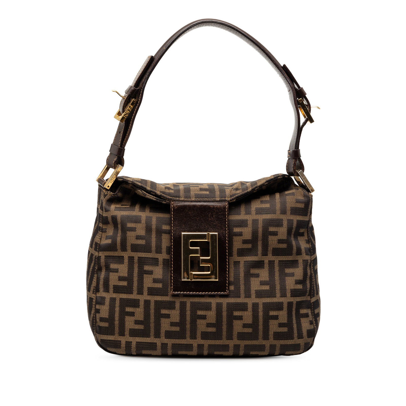 Fendi Brown Zucca Canvas Shoulder Bag with Double Flap Closure: Fendi Brown Zucca Canvas Shoulder Bag with Double Flap Closure This Fendi Zucca Canvas Double Flap Shoulder Bag features a canvas body with leather trim, an adjustable flat leather strap, a top flap w