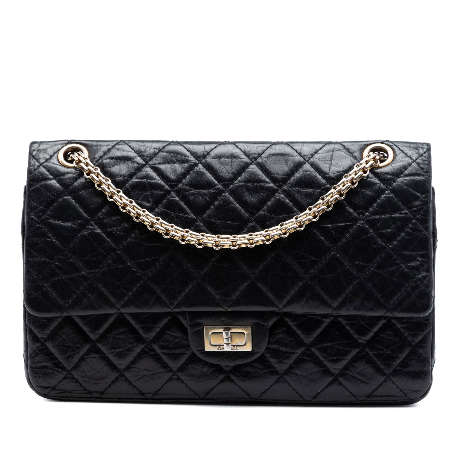 Chanel Reissue 2.55 Double Flap Shoulder Bag Black Leather 226: Chanel Reissue 2.55 Double Flap Shoulder Bag Black Leather 226 This Chanel Quilted Aged Calfskin Reissue 2.55 Double Flap 226 shoulder bag is crafted from aged calf leather in black. It features chain