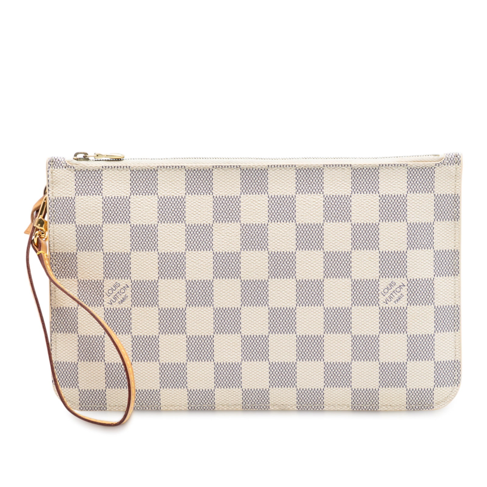 Neverfull MM Pouch in Damier Azur Canvas by Louis Vuitton: Neverfull MM Pouch in Damier Azur Canvas by Louis Vuitton This Louis Vuitton Damier Azur Neverfull MM Pouch features the signature damier azur canvas body, a flat vachetta leather wrist strap, a top z