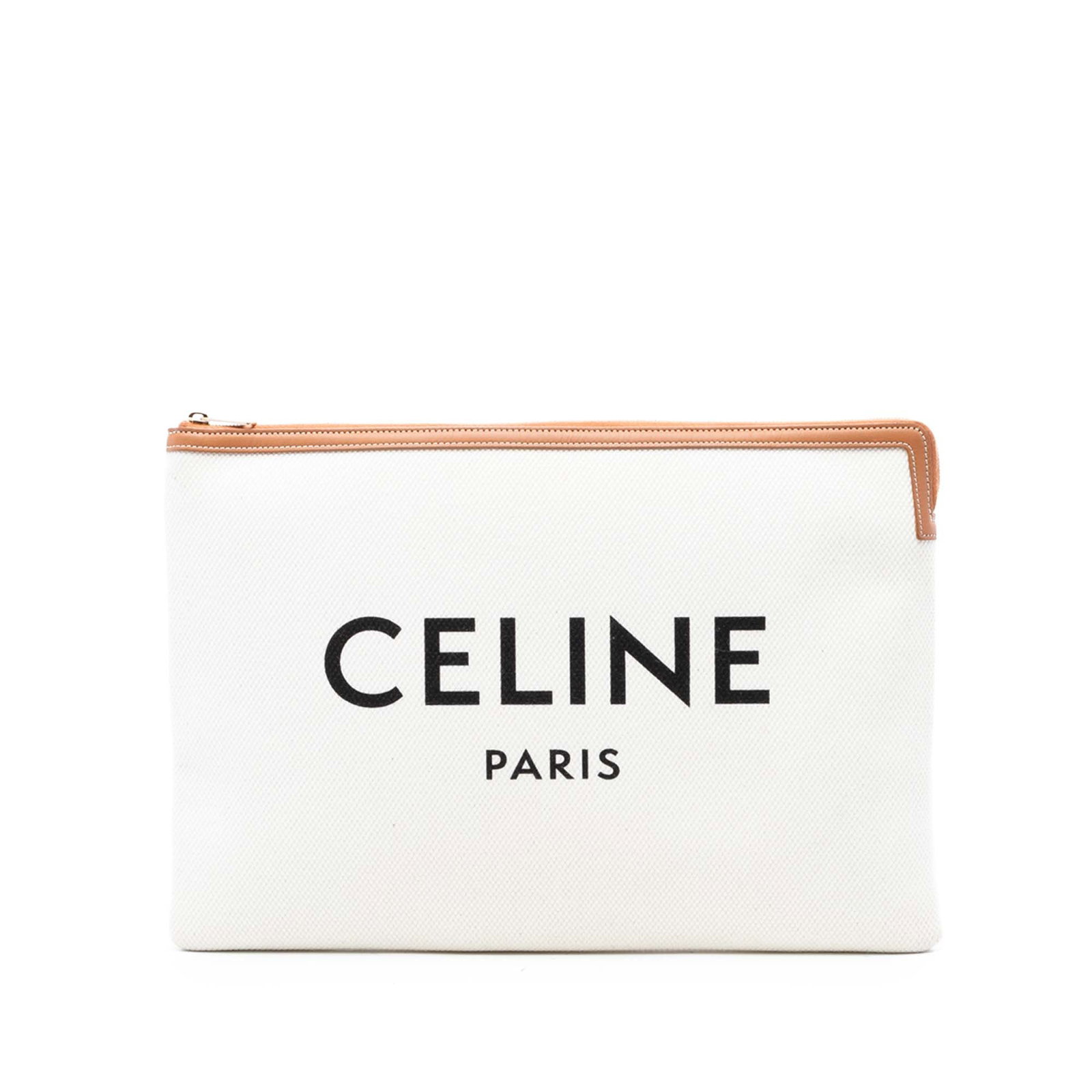 Celine White Canvas Zip Clutch with Leather Trim: Celine White Canvas Zip Clutch with Leather Trim This Celine Large Canvas Logo Clutch features a canvas body with leather trim and a top zip closure. The clutch is designed in white fabric and crafted
