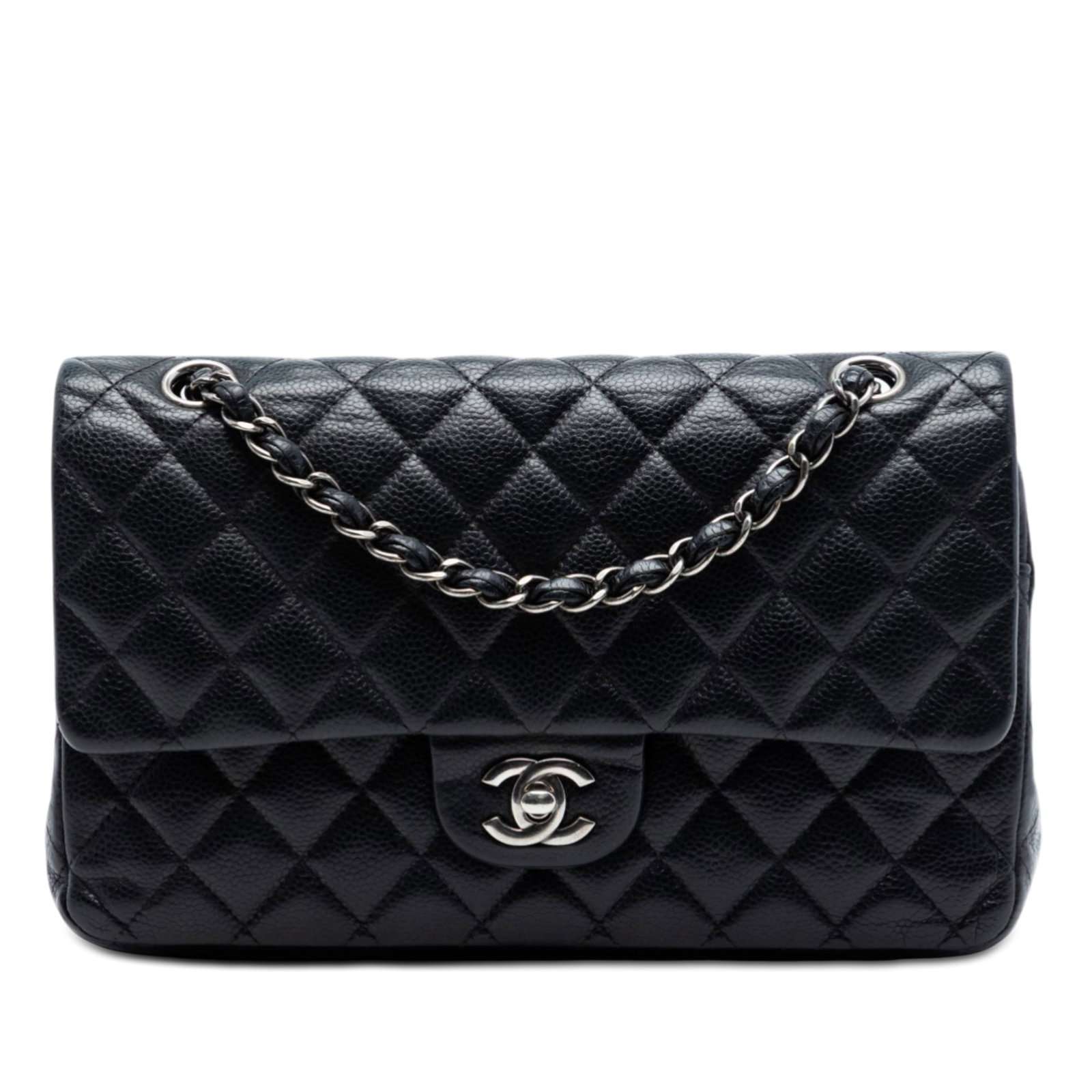 Chanel Black Quilted Caviar Leather Medium Double Flap Shoulder Bag: Chanel Black Quilted Caviar Leather Medium Double Flap Shoulder Bag This Chanel Medium Classic Caviar Double Flap shoulder bag features a quilted caviar leather exterior in black, leather-woven chain 