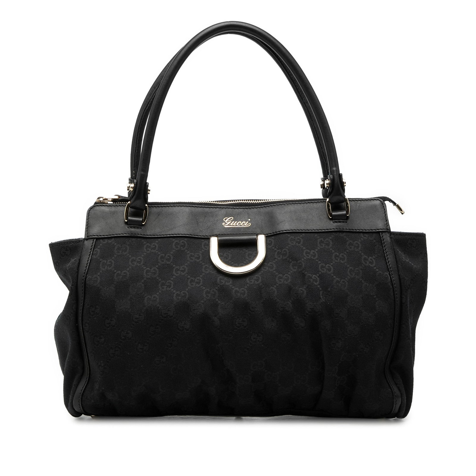 GG Canvas Abbey D Ring Black Tote Bag with Leather Trim by Gucci: GG Canvas Abbey D Ring Black Tote Bag with Leather Trim by Gucci This Gucci GG Canvas Abbey D Ring Tote features a canvas body with leather trim, rolled leather straps, a top zip closure, and interior