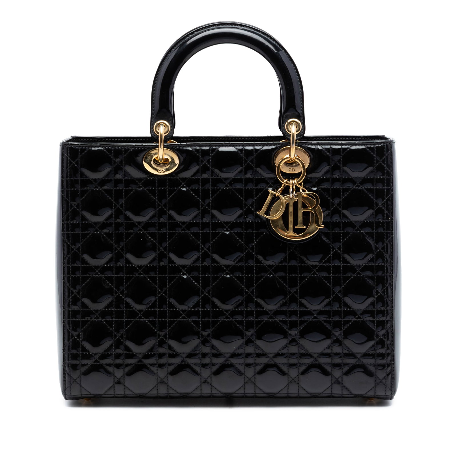 Dior Lady Dior patent leather tote with strap: Dior Lady Dior patent leather tote with strap This Lady Dior bag features a quilted black patent leather exterior with flat leather top handles and a detachable flat strap. It is designed with a top z