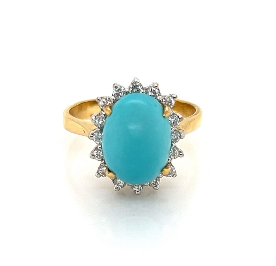 LeVian 18k Two Tone Turquoise Diamond Cocktail Ring Size 7.5: LeVian 18k Two Tone Turquoise Diamond Cocktail Ring Size 7.5 This vintage LeVian cocktail ring is crafted from 18k yellow and white gold, featuring a vivid turquoise gemstone as the centerpiece. The t