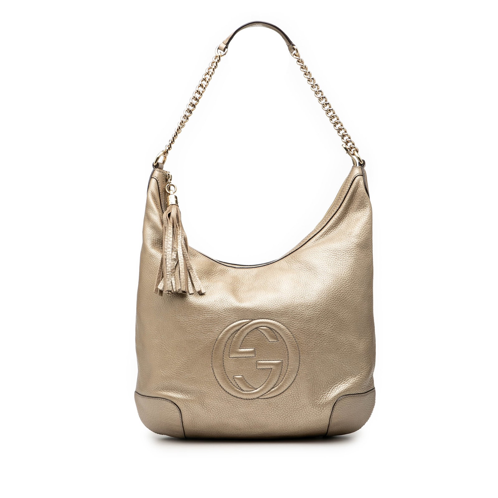 Gold Metallic Soho Chain Shoulder Bag by Gucci in Leather: Gold Metallic Soho Chain Shoulder Bag by Gucci in Leather This Gucci Metallic Leather Soho Shoulder Bag features a metallic leather body in gold, a chain link strap with a leather shoulder guard, a to