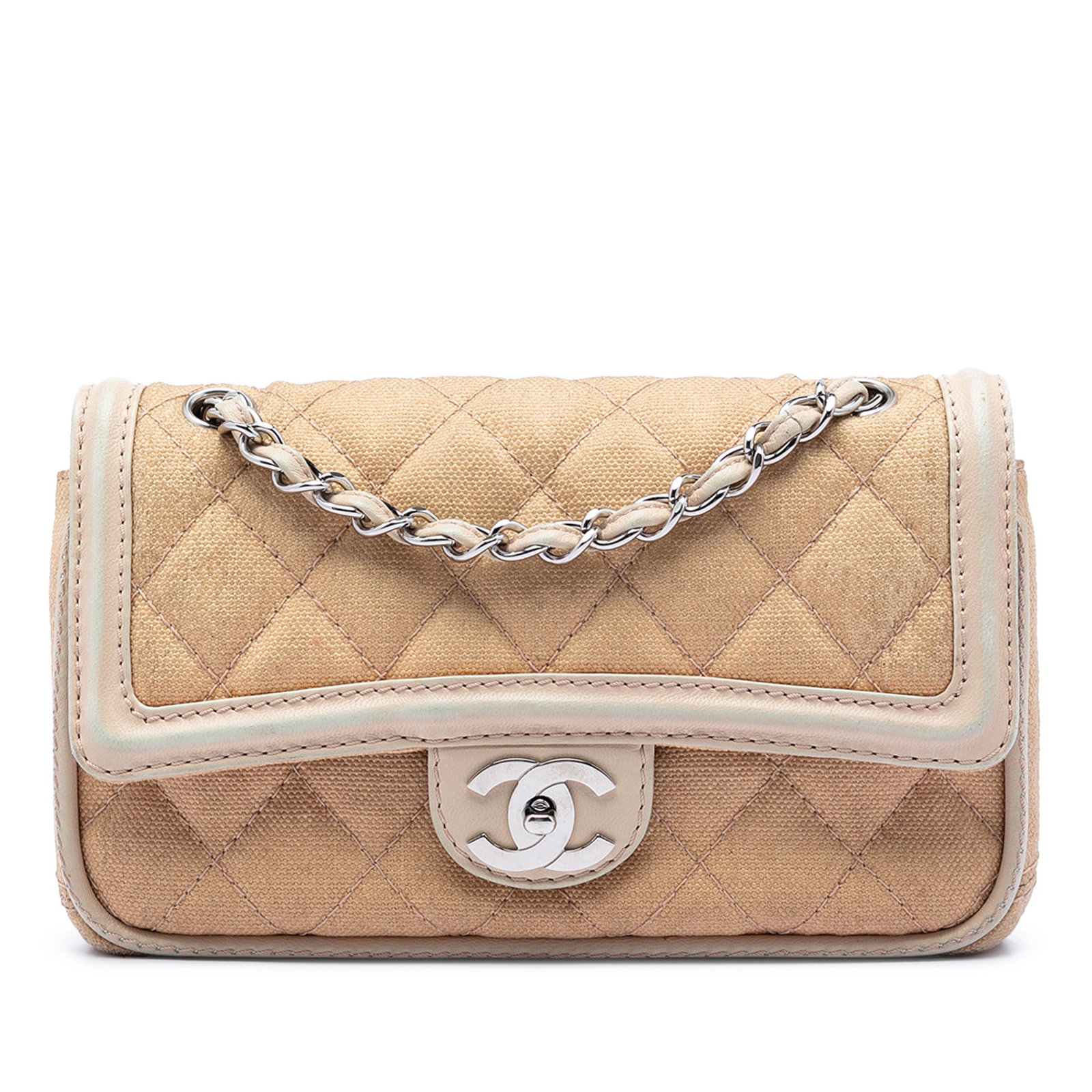 Chanel Beige Quilted Canvas Double Flap Shoulder Bag: Chanel Beige Quilted Canvas Double Flap Shoulder Bag This Chanel Medium Classic Canvas Lambskin Trimmed Double Flap shoulder bag features a quilted canvas body with leather trim, leather-woven chain l