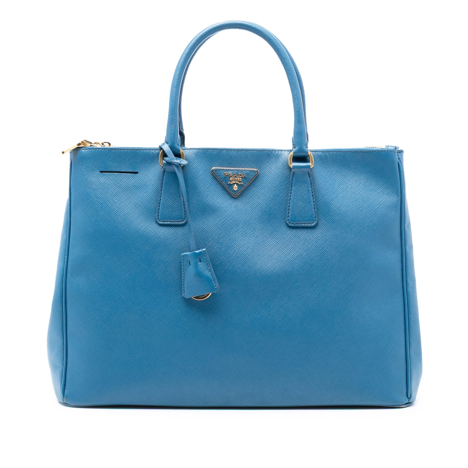 Prada Galleria Saffiano Leather Large Double Zip Blue Satchel Bag: Prada Galleria Saffiano Leather Large Double Zip Blue Satchel Bag This Prada Large Saffiano Lux Galleria Double Zip Satchel features a saffiano leather body in blue, rolled leather handles, an open to