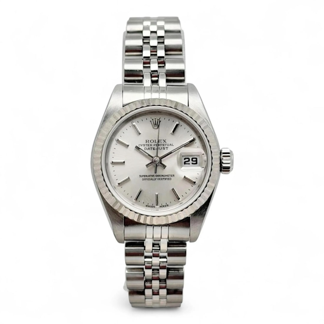 Rolex Datejust 79174 Women's Steel and White Gold Silver Dial Automatic Watch: Rolex Datejust 79174 Women's Steel and White Gold Silver Dial Automatic Watch This Rolex Datejust 26 is a luxury wristwatch designed for women, featuring a 26 mm polished stainless steel case and a fl