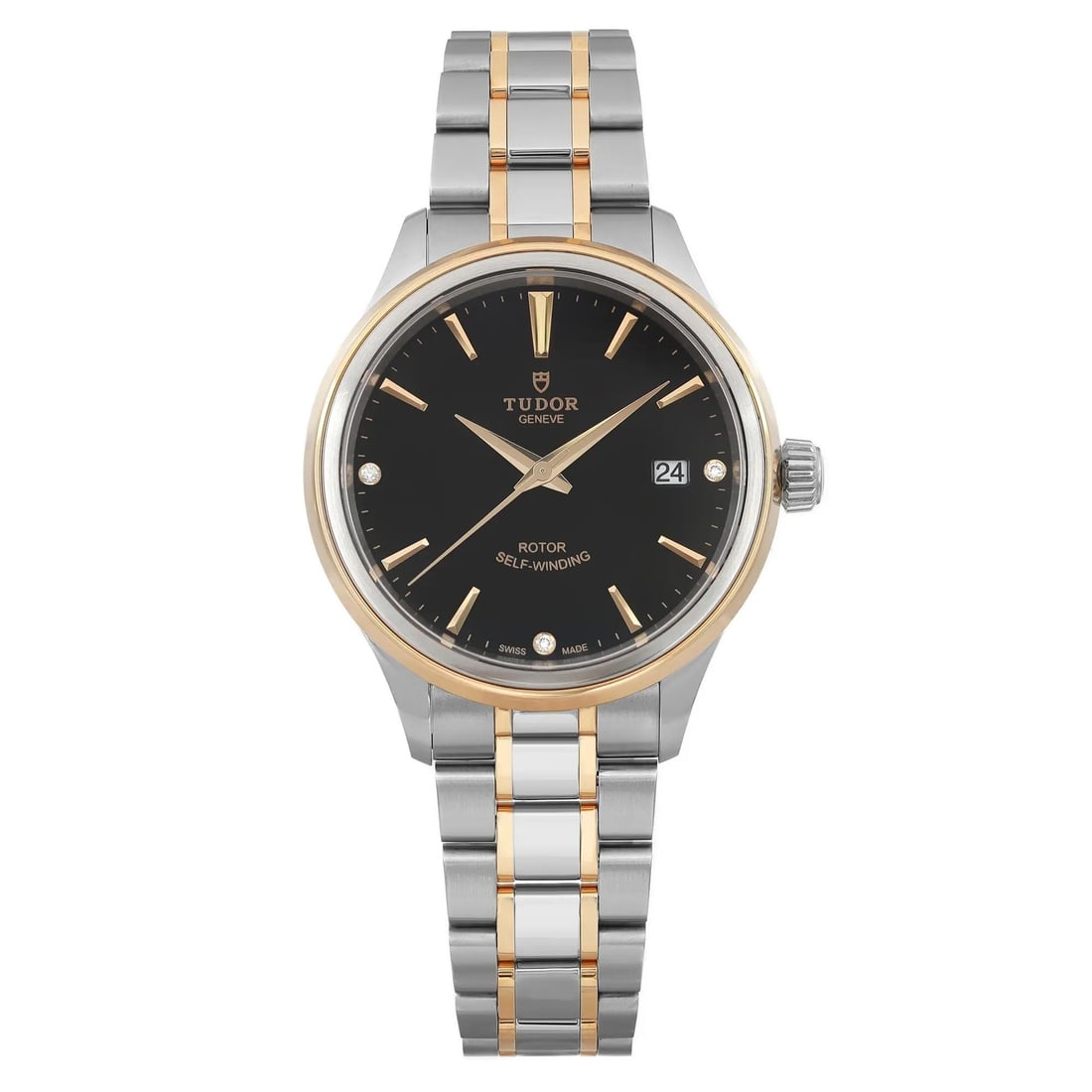 TUDOR Tudor Style 38mm Automatic Watch Black Diamond Dial 12503-0006: TUDOR Tudor Style 38mm Automatic Watch Black Diamond Dial 12503-0006 This Tudor Style wristwatch combines elegance with functionality, featuring a 38mm case crafted from stainless steel with a brushed