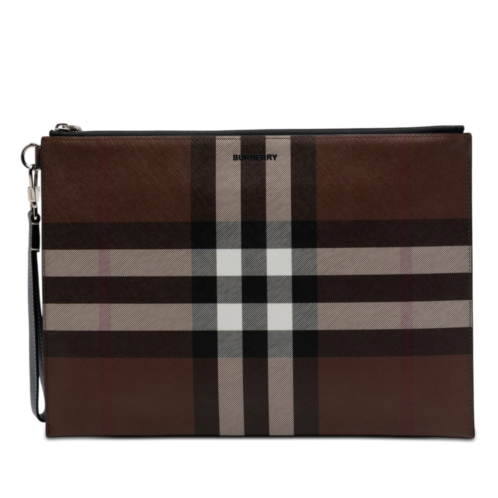 Burberry coated canvas zip wrist pouch with leather strap: Burberry coated canvas zip wrist pouch with leather strap This Burberry pouch showcases the brand's signature check pattern on a coated canvas body, complemented by a flat leather wrist strap and a to