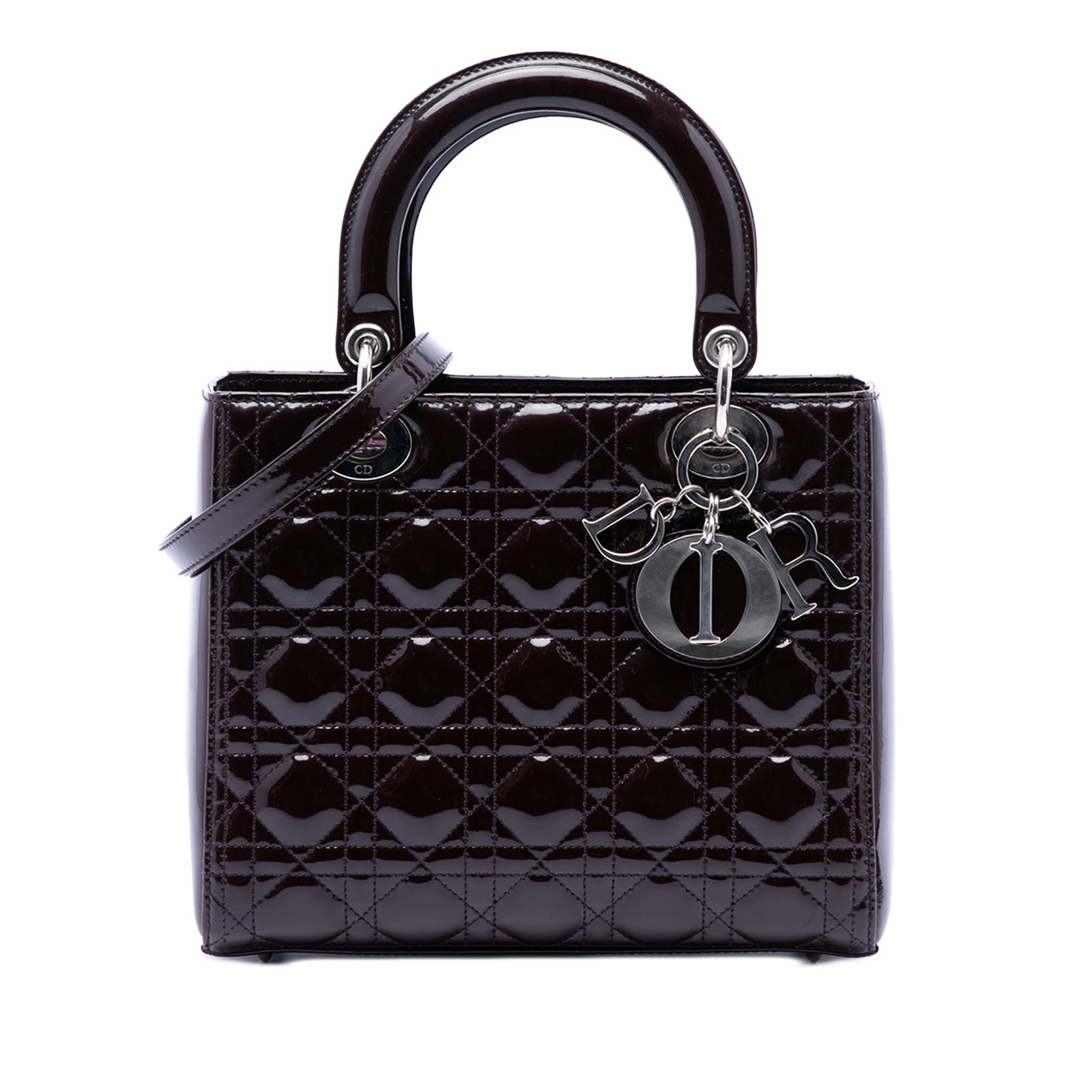 Dior Medium Lady Cannage Patent Leather Purple Bag: Dior Medium Lady Cannage Patent Leather Purple Bag This Lady Dior handbag showcases a quilted patent leather exterior in purple, complemented by flat leather top handles and a detachable leather strap