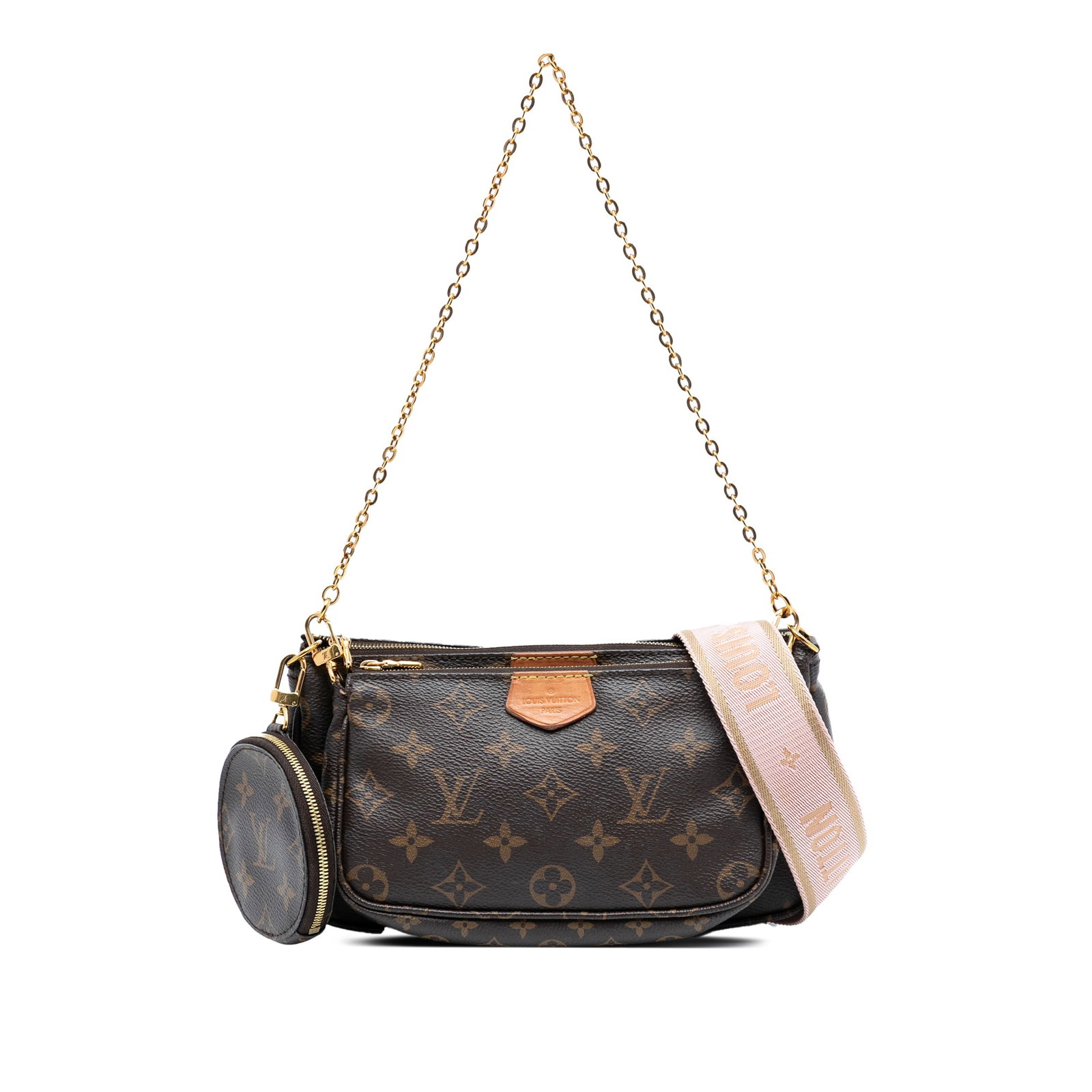Louis Vuitton Multi Pochette Monogram Canvas Shoulder Bag With Chain and Pouches: Louis Vuitton Multi Pochette Monogram Canvas Shoulder Bag With Chain and Pouches The Louis Vuitton Monogram Multi Pochette Accessoires features a monogram canvas body with a detachable chain link stra