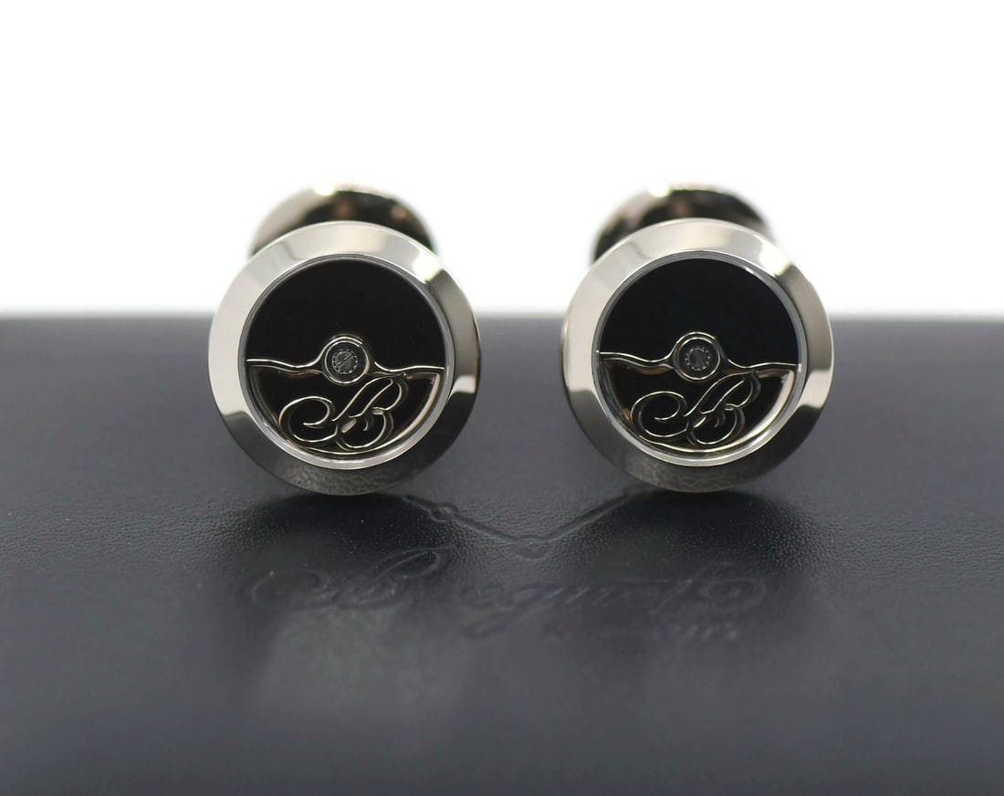Men's 18K White Gold Cufflinks by Breguet with Original Box: Men's 18K White Gold Cufflinks by Breguet with Original Box These Breguet cufflinks are crafted from 18K white gold and designed for men. Made in Switzerland, they offer a sophisticated accessory choi