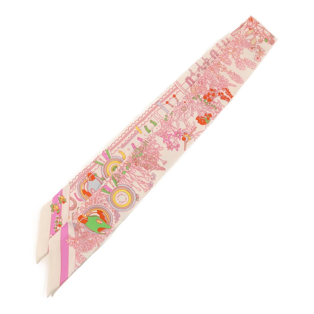 Hermes Silk Twilly Scarf in White Pink and Red for Women: Hermes Silk Twilly Scarf in White Pink and Red for Women This Hermes Twilly scarf is crafted from luxurious silk in a sophisticated combination of white, pink, and red. Designed for women, it offers a