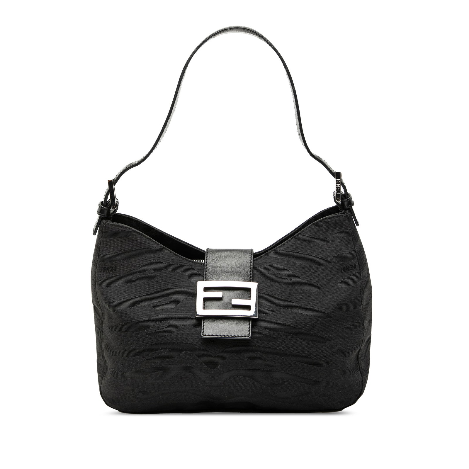 Fendi FF Zebra Pattern Canvas Shoulder Purse with Leather Strap: Fendi FF Zebra Pattern Canvas Shoulder Purse with Leather Strap This Fendi FF Zebra Print Canvas Shoulder Bag features a distinctive printed canvas exterior, a flat leather strap, an open top with a f