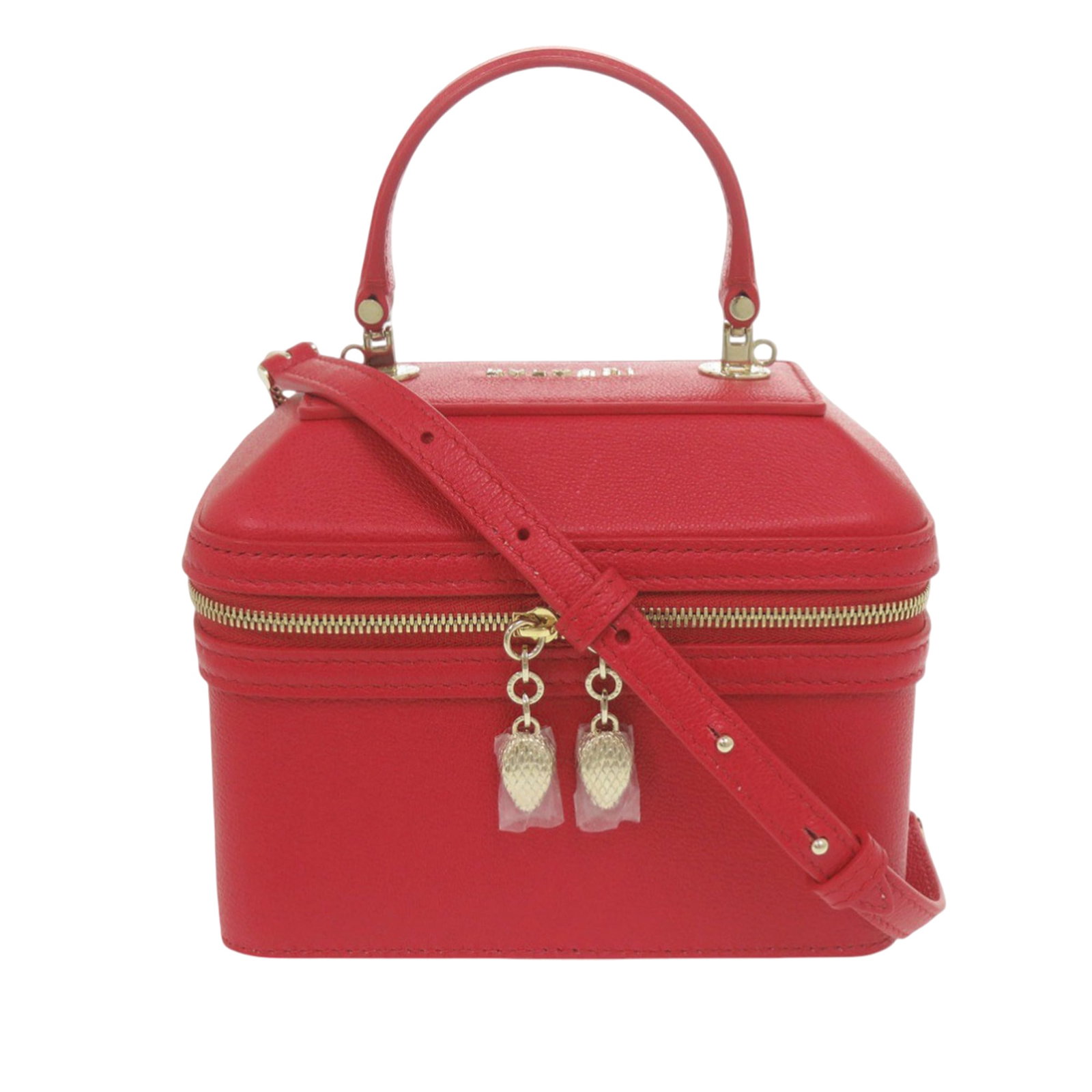 Bvlgari Serpenti Forever Red Leather Vanity Bag With Chain Strap: Bvlgari Serpenti Forever Red Leather Vanity Bag With Chain Strap The Bvlgari Serpenti Forever Vanity Bag is crafted from leather and features a flat top handle, a curb chain strap, a zip-around closur