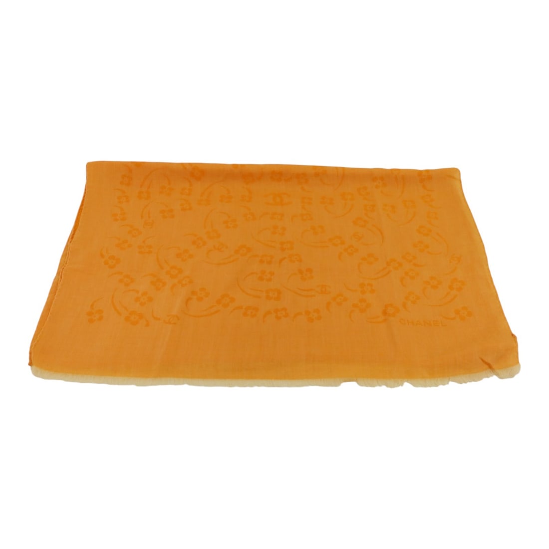 CHANEL CC Orange Cashmere Silk Scarf 185x75cm: CHANEL CC Orange Cashmere Silk Scarf 185x75cm This CHANEL scarf is crafted from a luxurious blend of cashmere and silk, offering both softness and elegance. The scarf features a vibrant orange color a