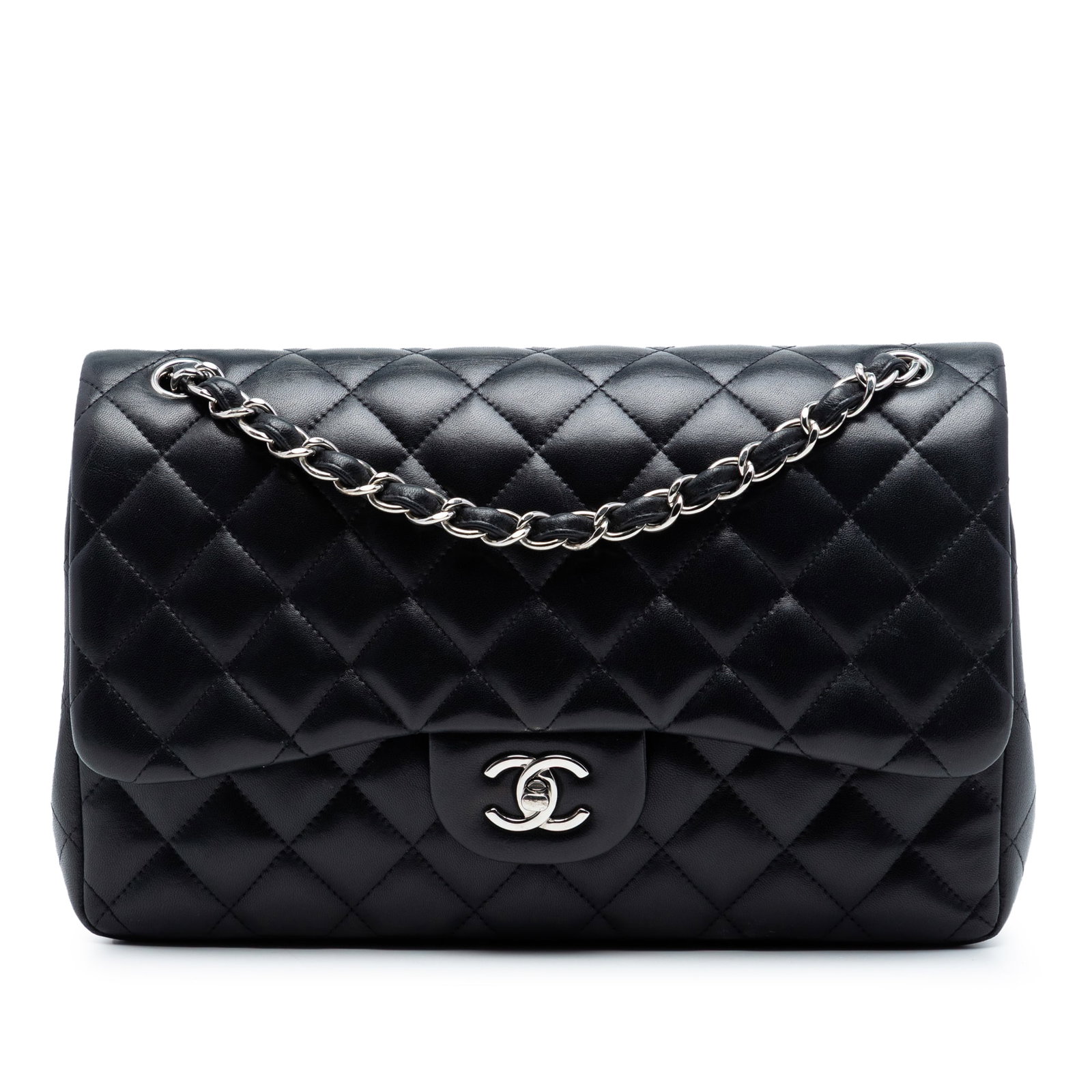 Black Chanel Jumbo Double Flap Quilted Lambskin Shoulder Bag with Silver Chain: Black Chanel Jumbo Double Flap Quilted Lambskin Shoulder Bag with Silver Chain This Chanel Jumbo Classic Double Flap shoulder bag is crafted from quilted black lambskin leather with a silver-tone leat