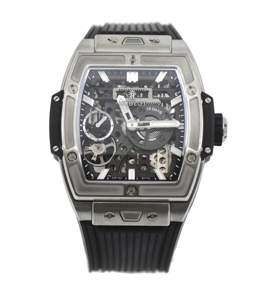 Spirit Big Bang Meca 10 Titanium Manual Wristwatch Ref 614.NX.1170.RX With Box: Spirit Big Bang Meca 10 Titanium Manual Wristwatch Ref 614.NX.1170.RX With Box The Hublot Spirit Big Bang Meca 10 Titanium Watch, reference 614.NX.1170.RX, features a 42mm titanium case and a black ru