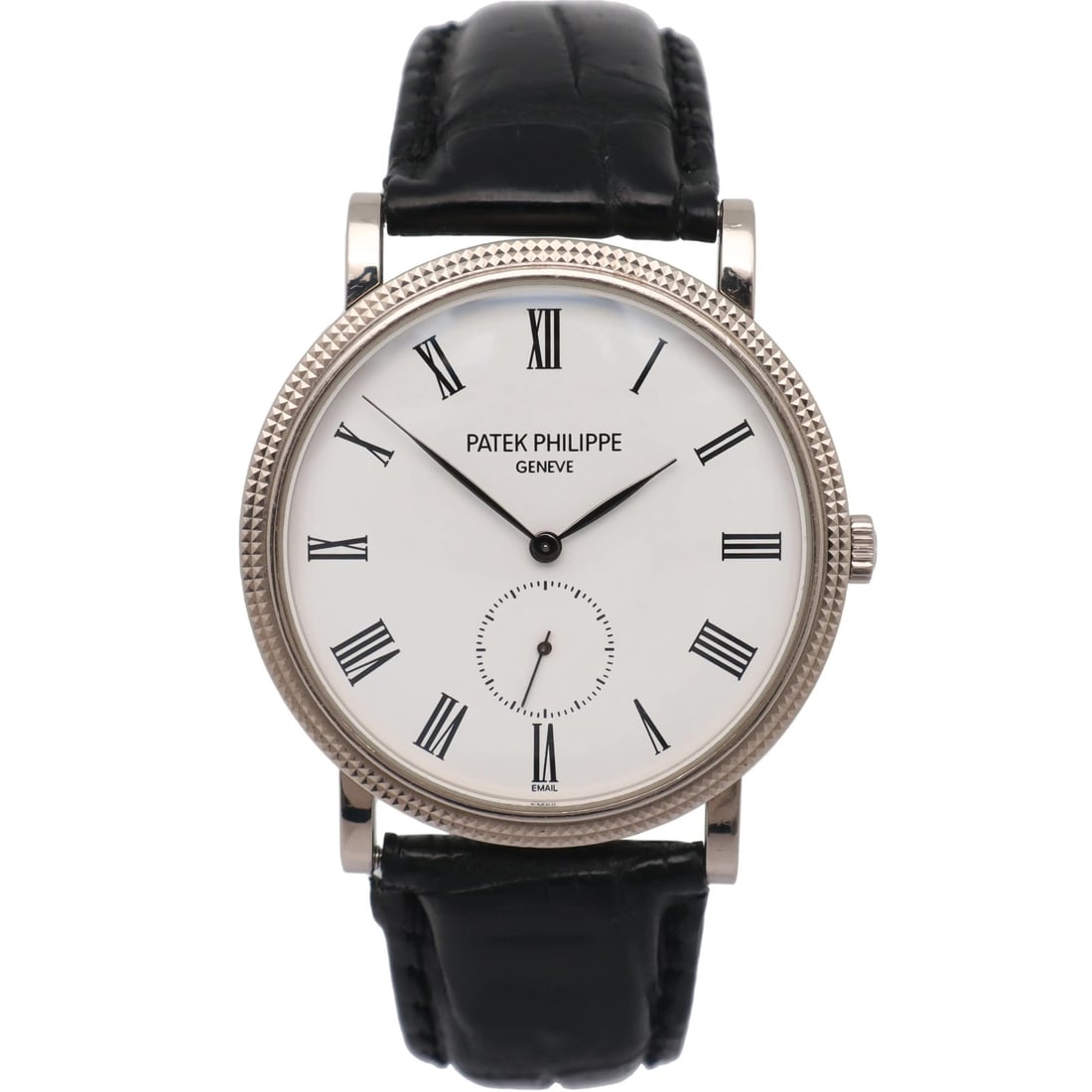 Patek Philippe Calatrava 36mm White Gold Roman Dial Watch 5116G-001: Patek Philippe Calatrava 36mm White Gold Roman Dial Watch 5116G-001 This Patek Philippe Calatrava wristwatch features a 36mm round case crafted from 18k white gold. The watch is equipped with a mechan