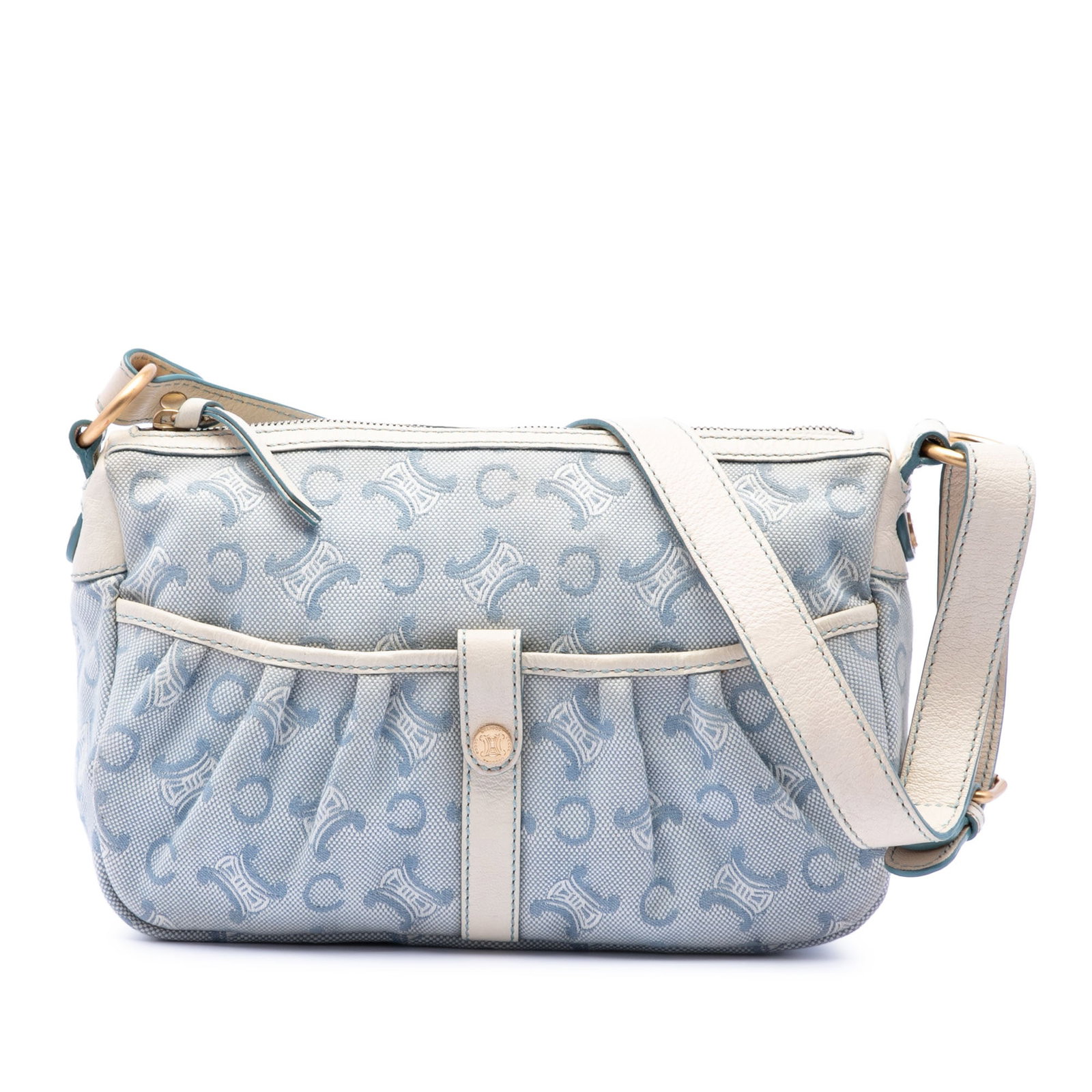 Celine C Macadam canvas bag with leather trim: Celine C Macadam canvas bag with leather trim This Celine C Macadam Canvas Crossbody bag features a blue canvas body with leather trim, a flat leather strap, and a top zip closure. It includes an exte