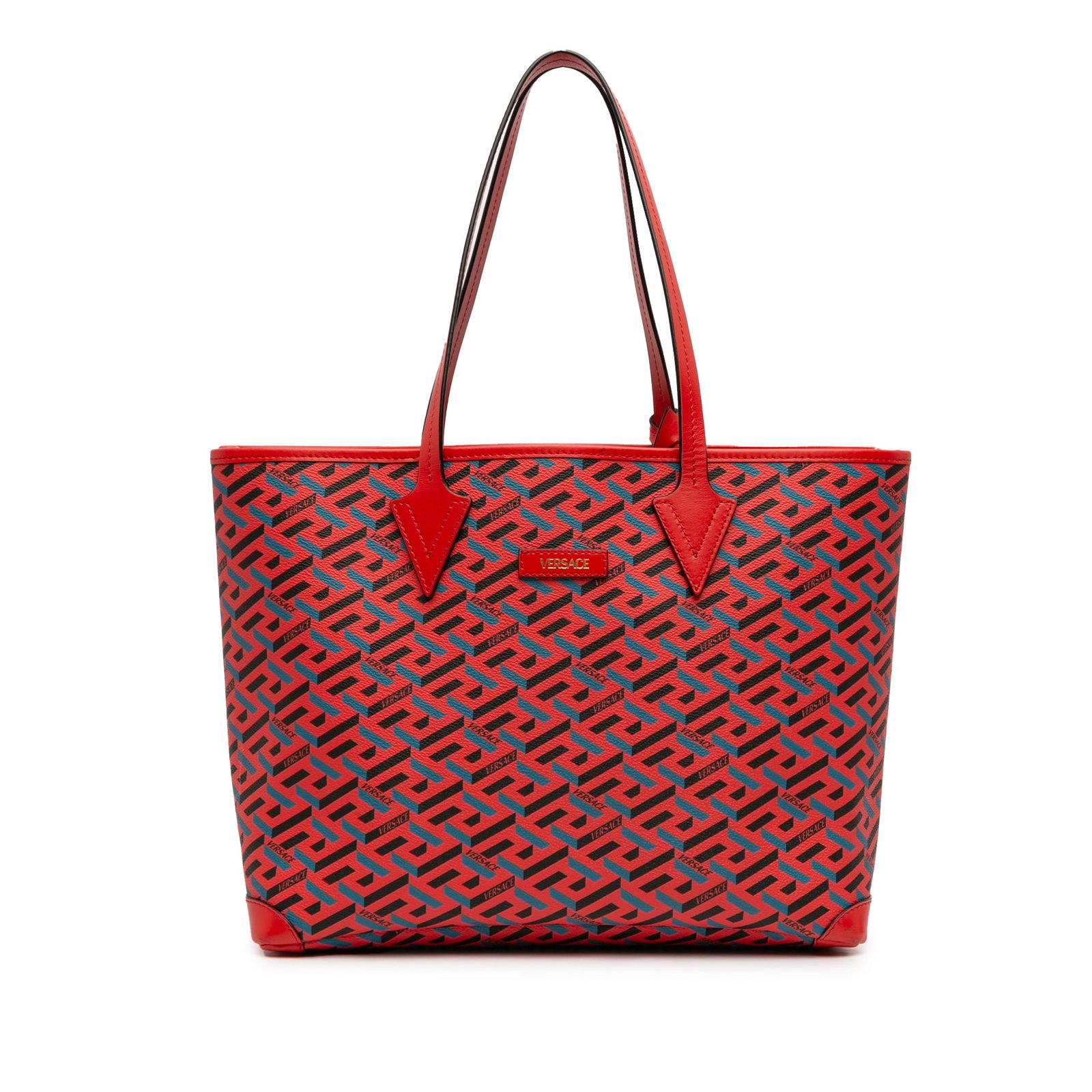 Versace La Greca red coated canvas tote with leather trim: Versace La Greca red coated canvas tote with leather trim This Versace La Greca tote features a coated canvas body accented with leather trim and flat leather straps. The bag has an open top design an