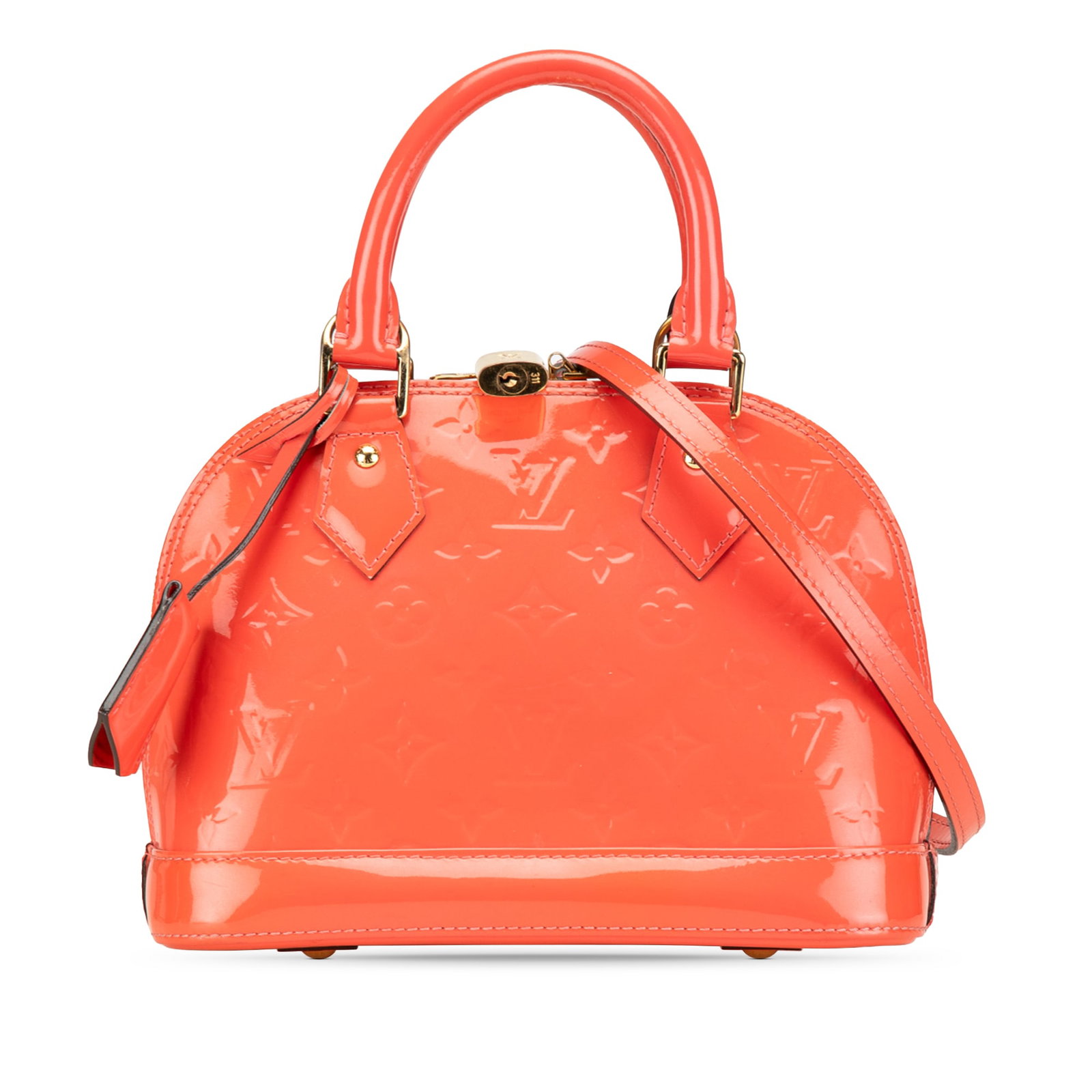 Louis Vuitton Monogram Vernis Alma BB Orange Leather Handbag: Louis Vuitton Monogram Vernis Alma BB Orange Leather Handbag The Louis Vuitton Monogram Vernis Alma BB is a chic and stylish handbag crafted from vernis leather, showcasing a striking orange hue. This