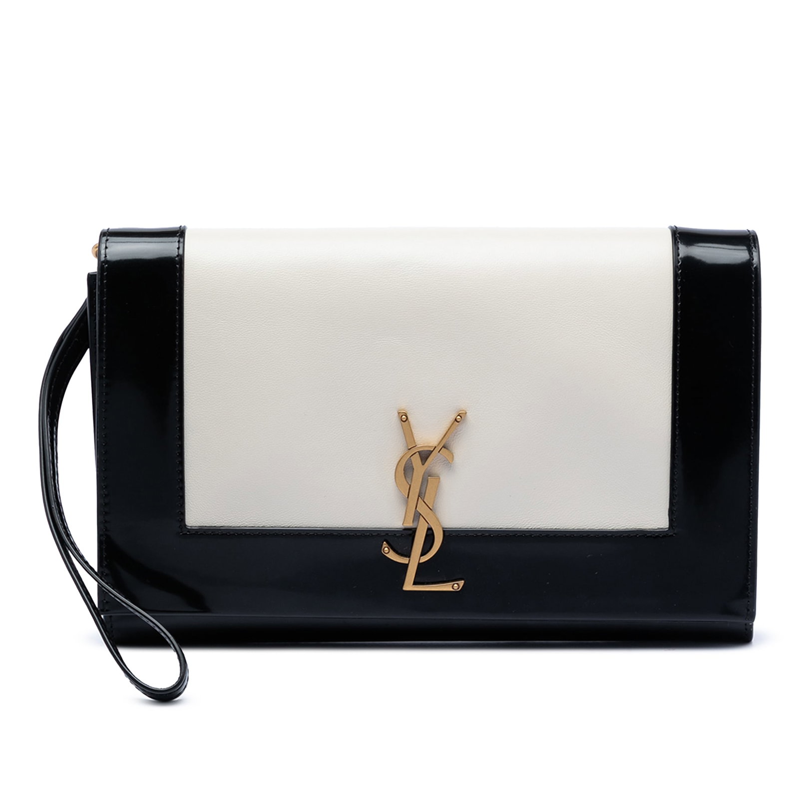 Saint Laurent Cassandre Lambskin Flap Pouch with Wrist Strap: Saint Laurent Cassandre Lambskin Flap Pouch with Wrist Strap This Saint Laurent Cassandre Flap Pouch is crafted from lambskin leather with brushed leather trim in a white color. The design features a 