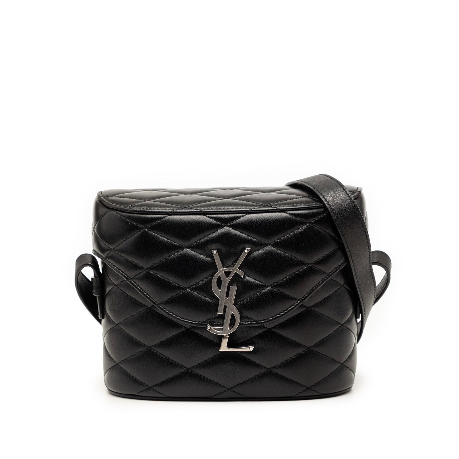 Saint Laurent June Box quilted lambskin shoulder bag: Saint Laurent June Box quilted lambskin shoulder bag This Saint Laurent Quilted Lambskin Monogram June Box Bag features a luxurious quilted lambskin leather exterior in black, complemented by an adjus