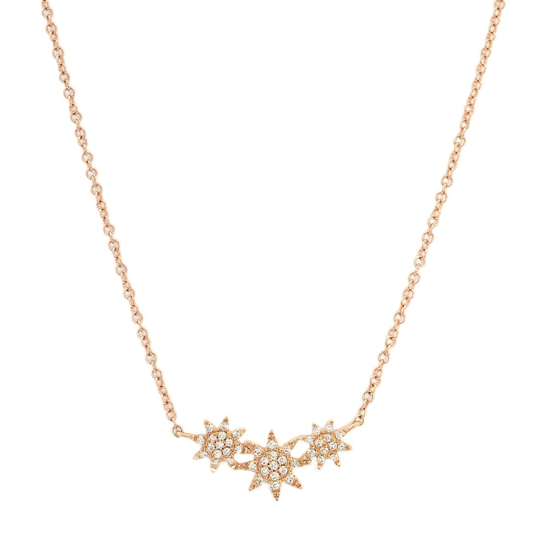 Rachel Koen 14K Rose Gold Pave Diamond Mini Stars Necklace 0.09ct 17 Inches: Rachel Koen 14K Rose Gold Pave Diamond Mini Stars Necklace 0.09ct 17 Inches Introducing the exquisite Pave Diamond Mini Stars Necklace, a stunning piece crafted from high-polished 14K rose gold. This 