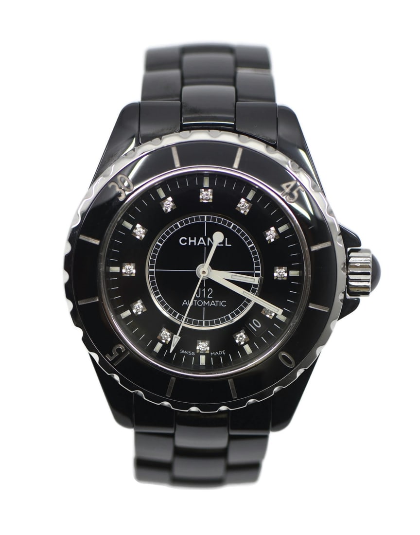 Chanel J12 Black Ceramic Diamond Marker Automatic Wristwatch H1626: Chanel J12 Black Ceramic Diamond Marker Automatic Wristwatch H1626 This pre-owned Chanel J12 Diamond Black Ceramic Watch, reference H1626, features a 38mm polished black ceramic case and a matching ce