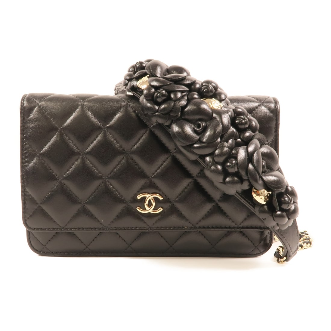 Chanel Black Lambskin Wallet On Chain Shoulder Bag AP2120 with Gold Hardware: Chanel Black Lambskin Wallet On Chain Shoulder Bag AP2120 with Gold Hardware This CHANEL shoulder bag features a luxurious black lambskin leather exterior with a classic CC design and gold-tone hardwa