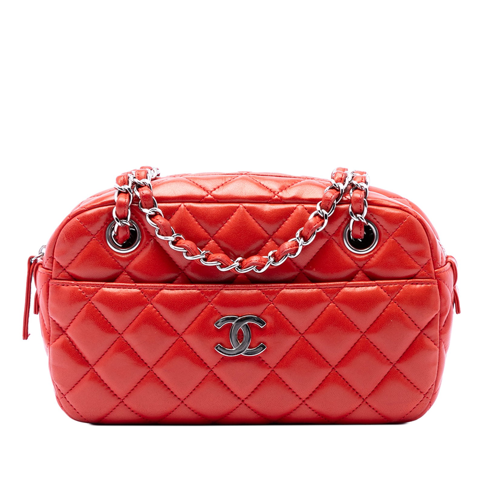 Chanel Red Quilted Lambskin Shoulder Camera Bag: Chanel Red Quilted Lambskin Shoulder Camera Bag This Chanel shoulder bag features a quilted lambskin leather body in red, complemented by leather-woven chain link straps and a top zip closure. It incl