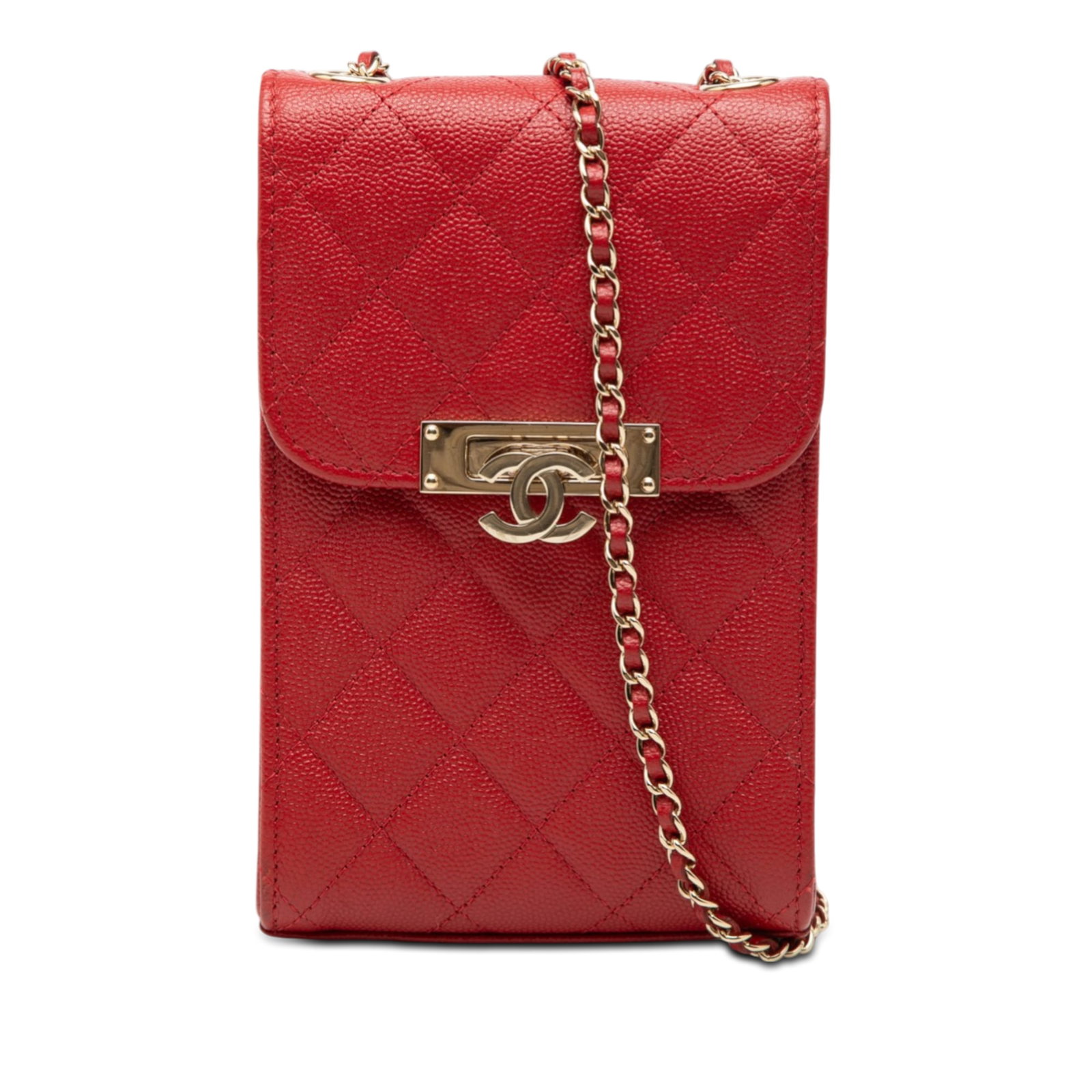 Chanel Red Quilted Caviar Leather Phone Holder with Gold Chain Strap: Chanel Red Quilted Caviar Leather Phone Holder with Gold Chain Strap This Chanel phone holder features a quilted caviar leather body in red with a gold-tone leather-woven chain link strap and a front 