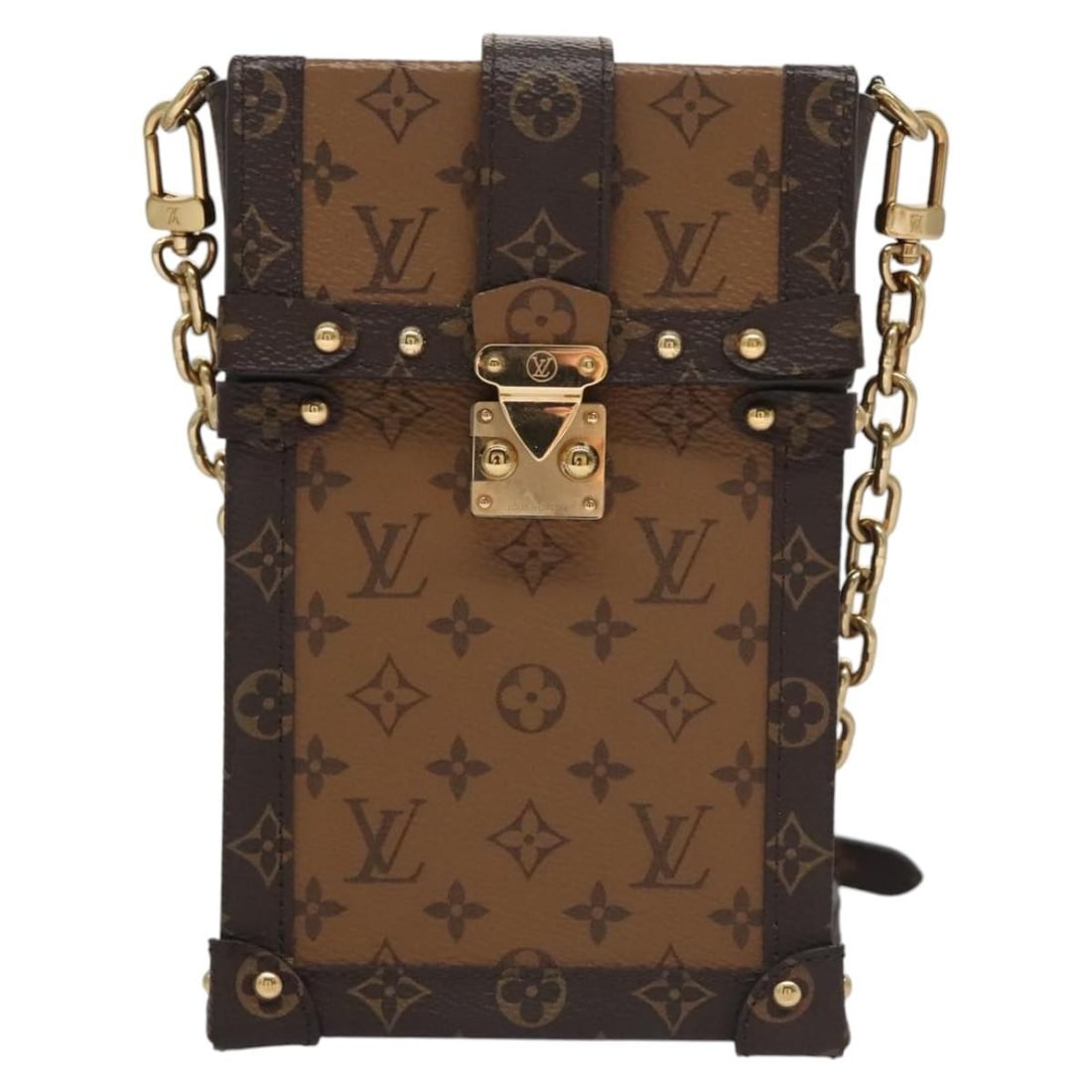 Vertical Trunk Pochette Brown Canvas Bag by Louis Vuitton: Vertical Trunk Pochette Brown Canvas Bag by Louis Vuitton The Louis Vuitton Vertical Trunk Pochette in Reverse Monogram Canvas is a stylish accessory designed for women. It features a brown canvas ext