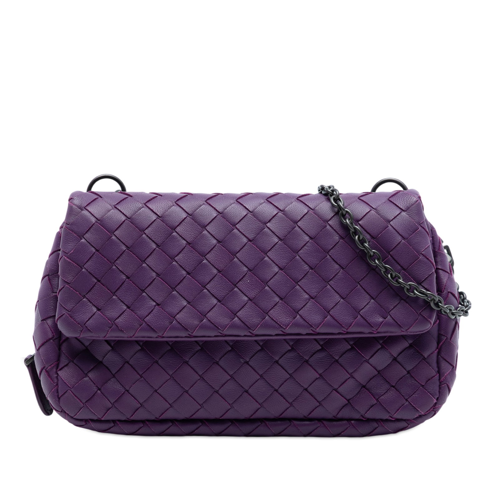 Purple Bottega Veneta Intrecciato Leather Chain Crossbody Bag: Purple Bottega Veneta Intrecciato Leather Chain Crossbody Bag This Bottega Veneta Mini Nappa Intrecciato Expandable Chain Flap Crossbody features a signature woven leather design in purple. It is equi