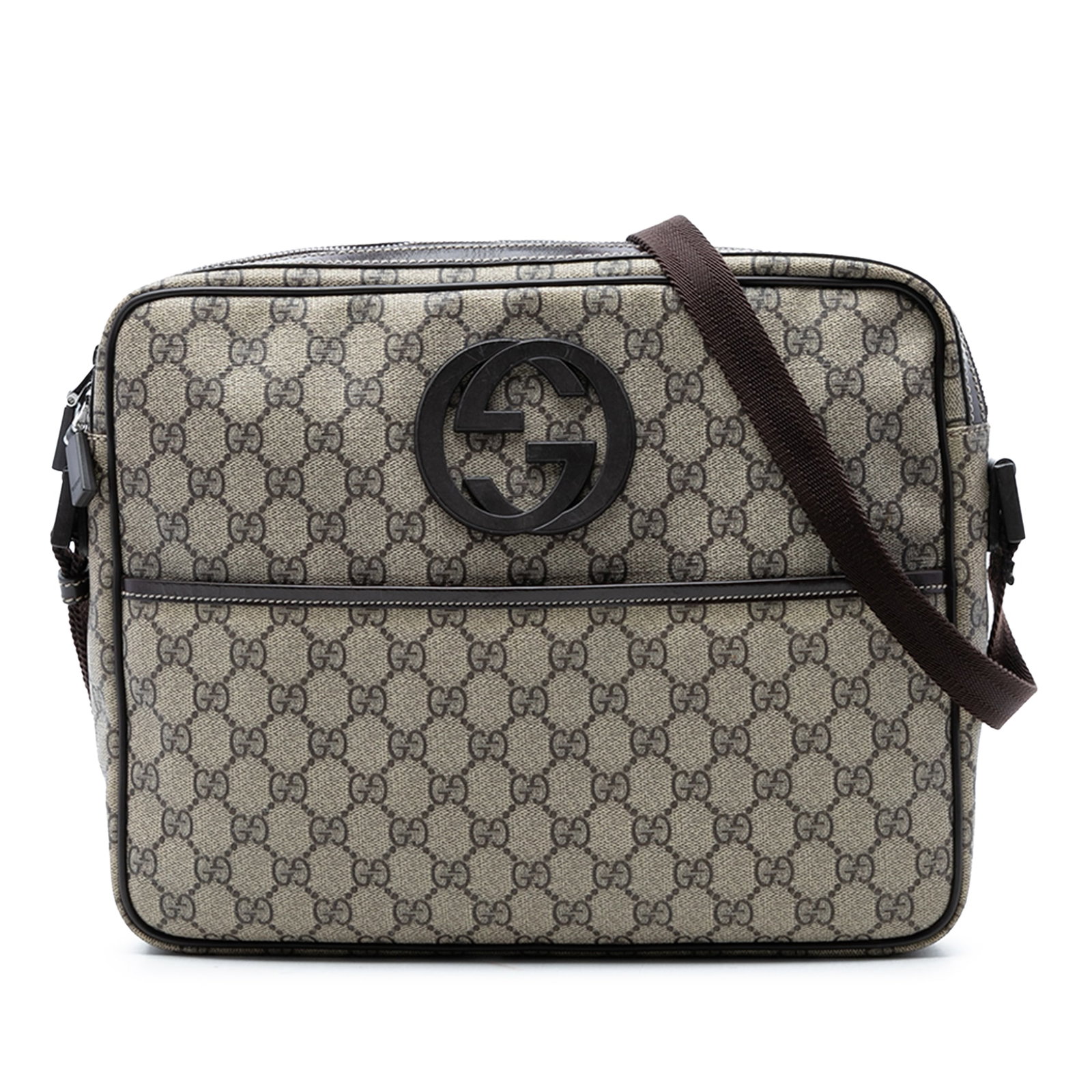 Gucci GG Supreme Beige Coated Canvas Crossbody Bag: Gucci GG Supreme Beige Coated Canvas Crossbody Bag This Gucci GG Supreme Interlocking G Crossbody bag is crafted from coated canvas with leather trim, featuring an adjustable flat shoulder strap for v