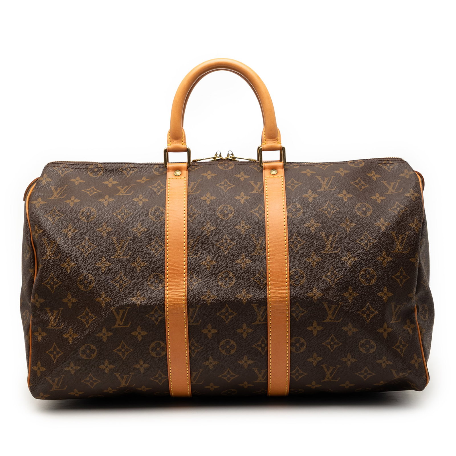 Louis Vuitton Monogram Canvas Travel Bag Keepall 45: Louis Vuitton Monogram Canvas Travel Bag Keepall 45 The Louis Vuitton Monogram Keepall 45 is a classic travel bag featuring the iconic monogram canvas body, rolled leather handles, and a secure top zi