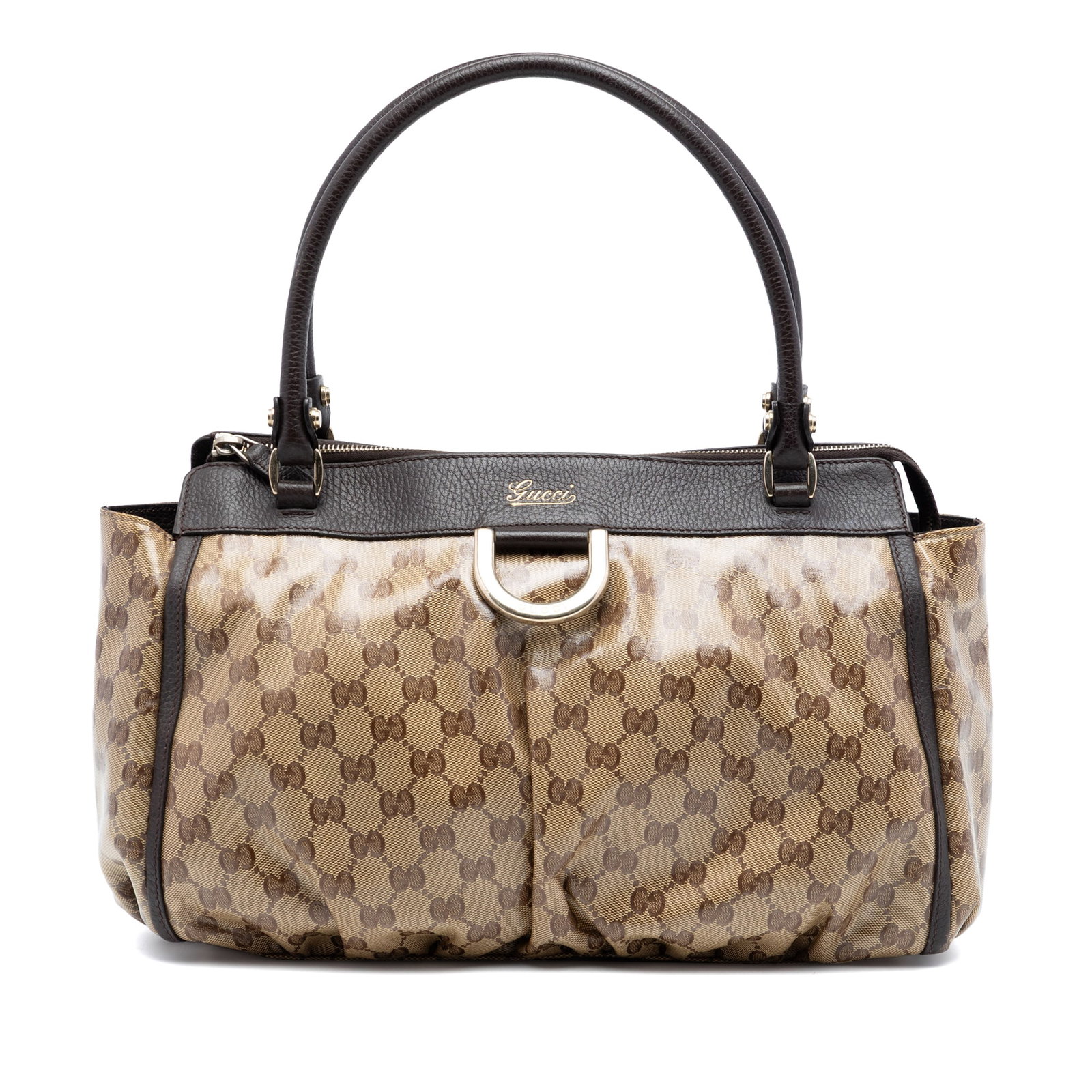 Gucci Abbey D Ring Tote GG Crystal Beige Canvas: Gucci Abbey D Ring Tote GG Crystal Beige Canvas This Gucci GG Crystal Abbey D Ring Tote is crafted in coated canvas with leather trim, featuring rolled leather handles and a top zip closure. The inter