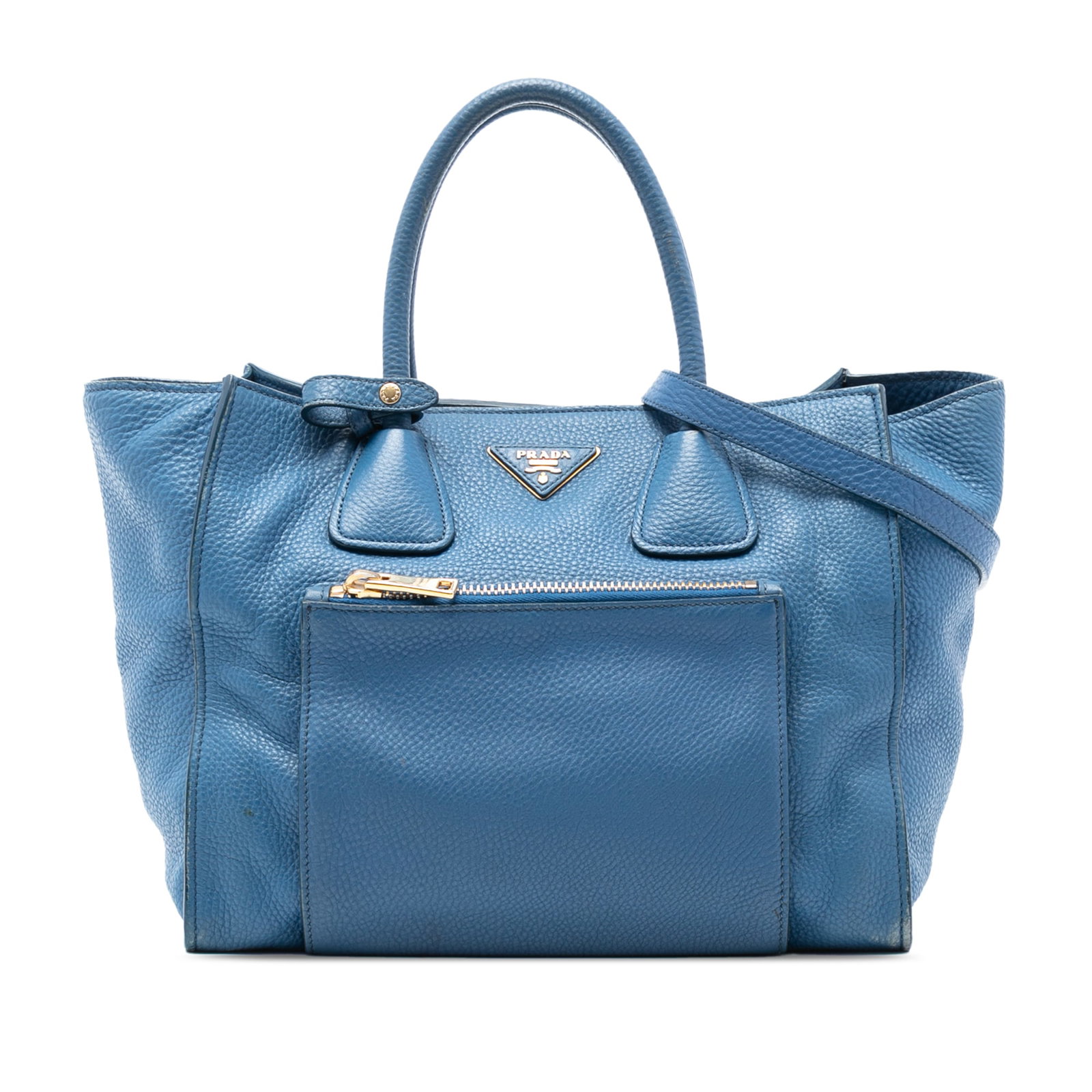 Prada Vitello Daino Blue Leather Satchel with Front Zipper Pocket: Prada Vitello Daino Blue Leather Satchel with Front Zipper Pocket This Prada Vitello Daino Front Pocket Open Convertible Tote features a blue leather body with rolled leather handles, a detachable fla