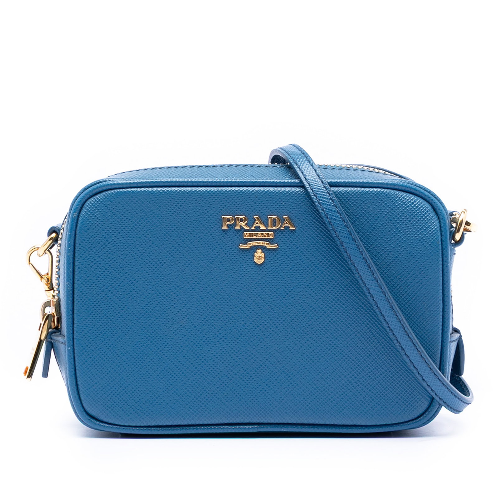 Prada Blue Saffiano Leather Crossbody Camera Bag with Adjustable Strap: Prada Blue Saffiano Leather Crossbody Camera Bag with Adjustable Strap This Prada Saffiano Lux Camera Bag is crafted from blue saffiano leather and features an adjustable flat leather shoulder strap, 