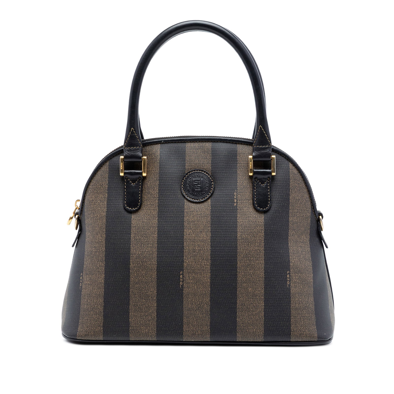 Fendi Pequin dome satchel coated canvas leather trim: Fendi Pequin dome satchel coated canvas leather trim This Fendi Pequin Coated Canvas Dome Satchel features a coated canvas body with leather trim, rolled leather handles, a top zip closure, and an int