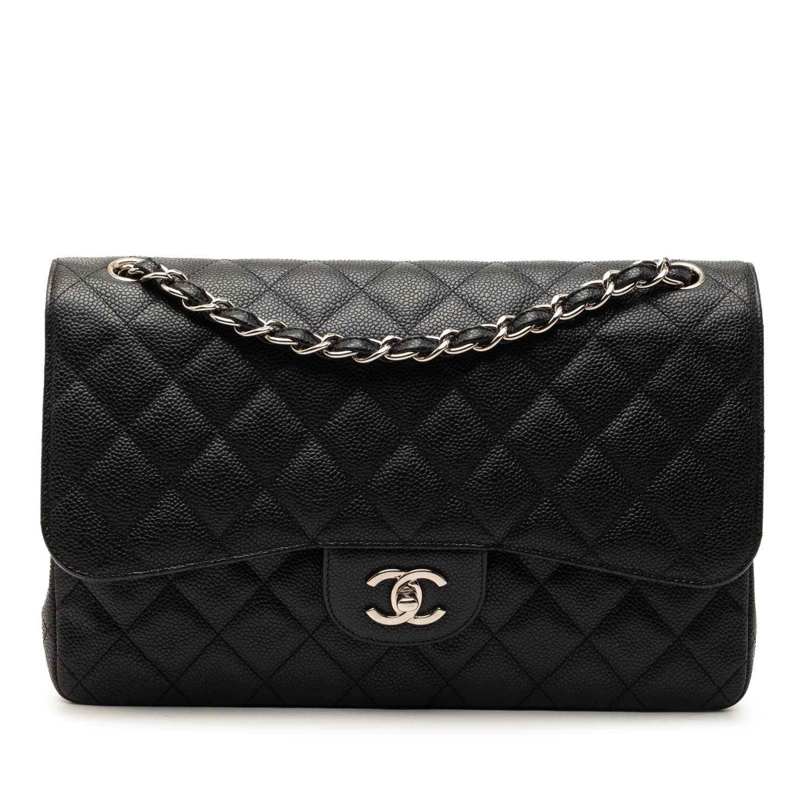 Chanel Caviar Leather Jumbo Double Flap Shoulder Bag: Chanel Caviar Leather Jumbo Double Flap Shoulder Bag This Chanel Jumbo Classic Caviar Double Flap shoulder bag is crafted from quilted caviar leather in black and features leather-woven chain straps. 