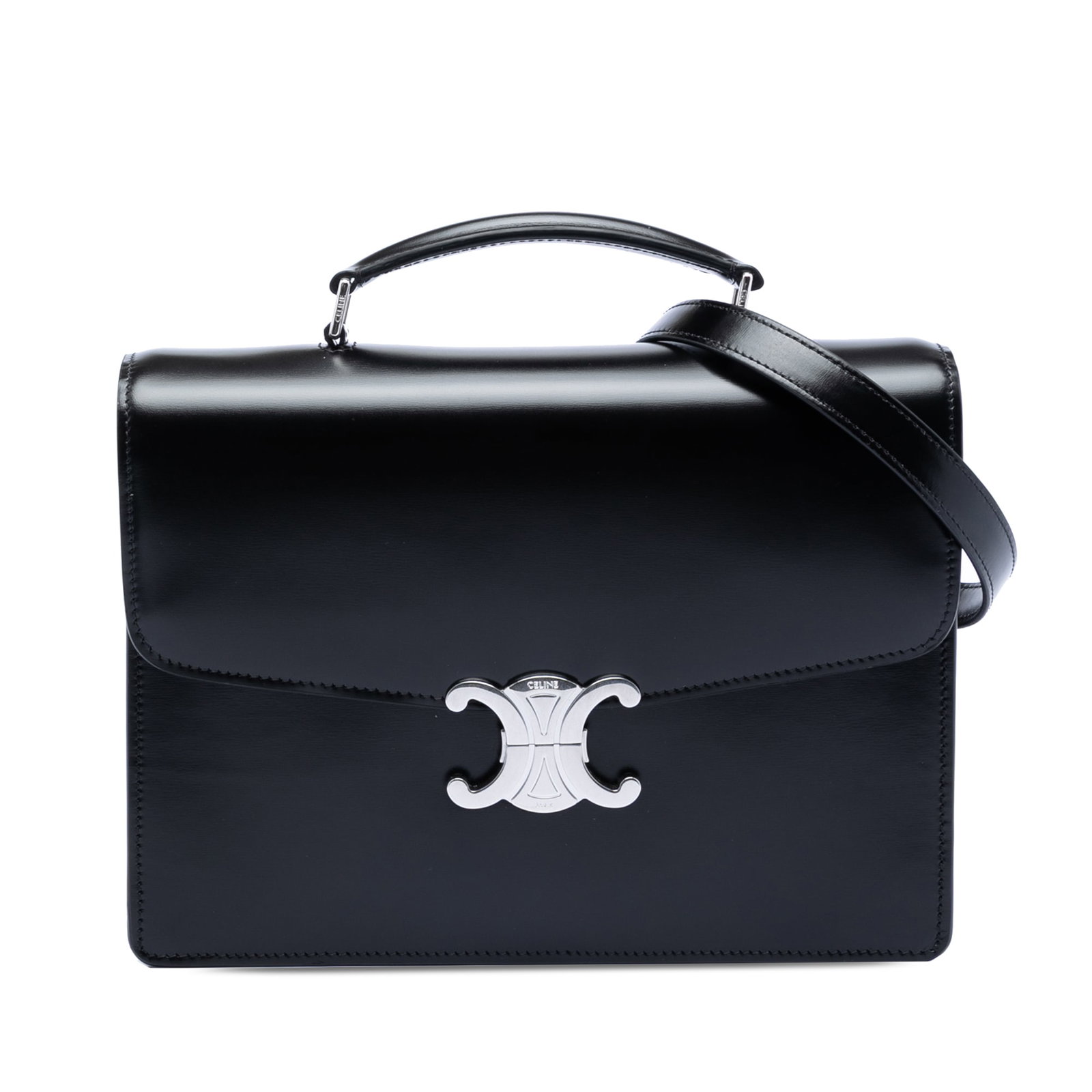 Celine Triomphe Cartable Small Black Leather Satchel with Top Handle and Strap: Celine Triomphe Cartable Small Black Leather Satchel with Top Handle and Strap This Celine Small Shiny Calfskin Triomphe Cartable Satchel is crafted from black leather and features a flat top handle, 