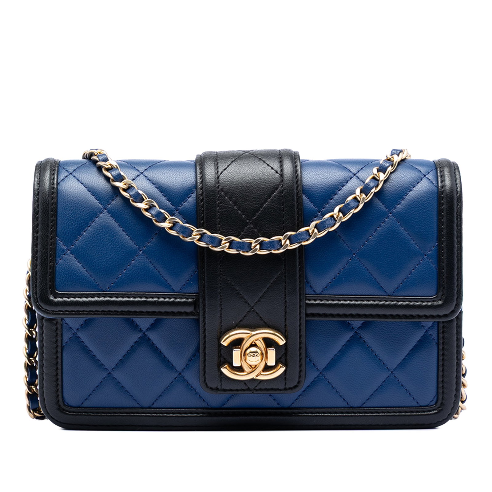 Chanel Elegant CC Bicolor Lambskin Wallet on Chain Blue Crossbody Bag: Chanel Elegant CC Bicolor Lambskin Wallet on Chain Blue Crossbody Bag This Chanel crossbody wallet on chain features a bicolor quilted lambskin leather exterior, complemented by a leather-woven chain 