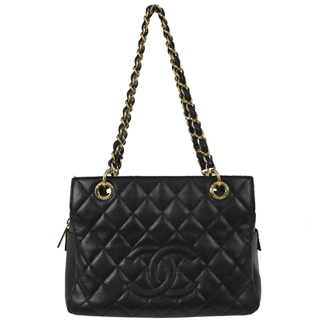 CHANEL Petite Timeless Tote Black Caviar Leather Chain Strap: CHANEL Petite Timeless Tote Black Caviar Leather Chain Strap This Chanel Petite Timeless Tote (PTT) is crafted from black caviar skin leather with a quilted pattern and features a chain strap with a 9