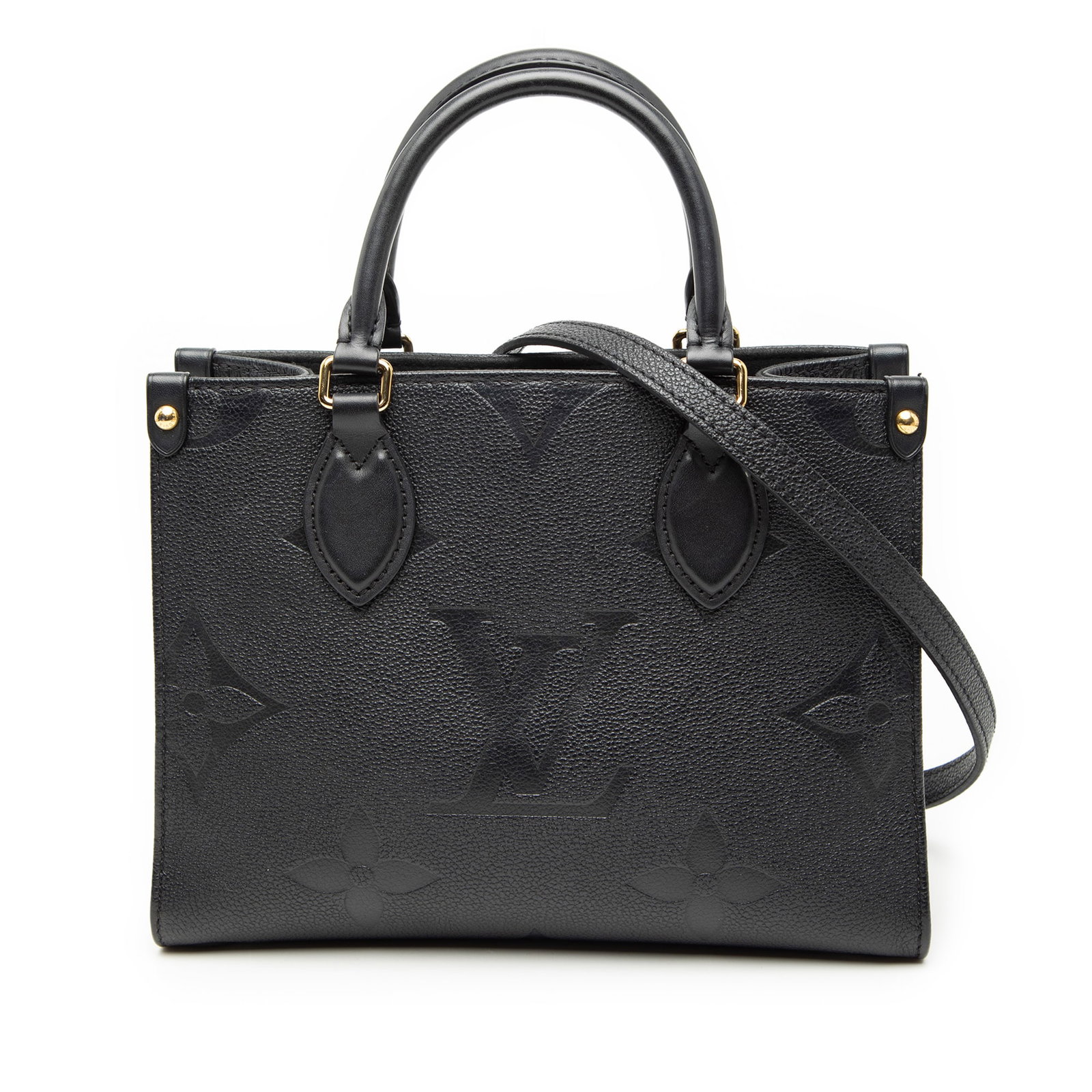 Louis Vuitton Onthego PM Black Monogram Empreinte Leather Bag: Louis Vuitton Onthego PM Black Monogram Empreinte Leather Bag This Louis Vuitton Monogram Empreinte Onthego PM features a monogram-embossed leather body in black, rolled leather handles, and a detacha