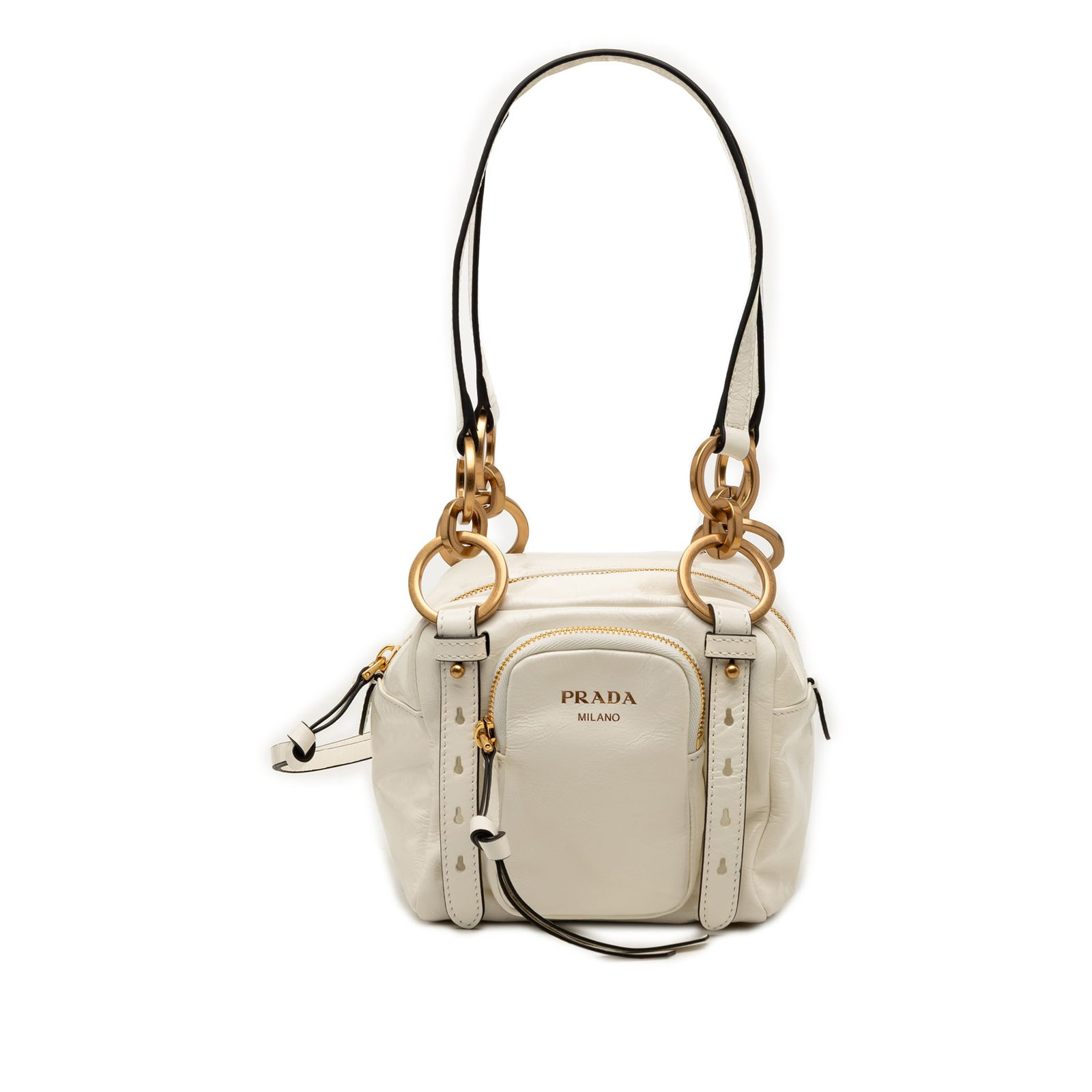 White Prada Mini Leather Top Handle Dangle Bag: White Prada Mini Leather Top Handle Dangle Bag This Prada Mini Soft Calfskin Dangle Top Handle Bag features a white leather body with flat leather handles, an exterior front zip pocket, and a top zip 